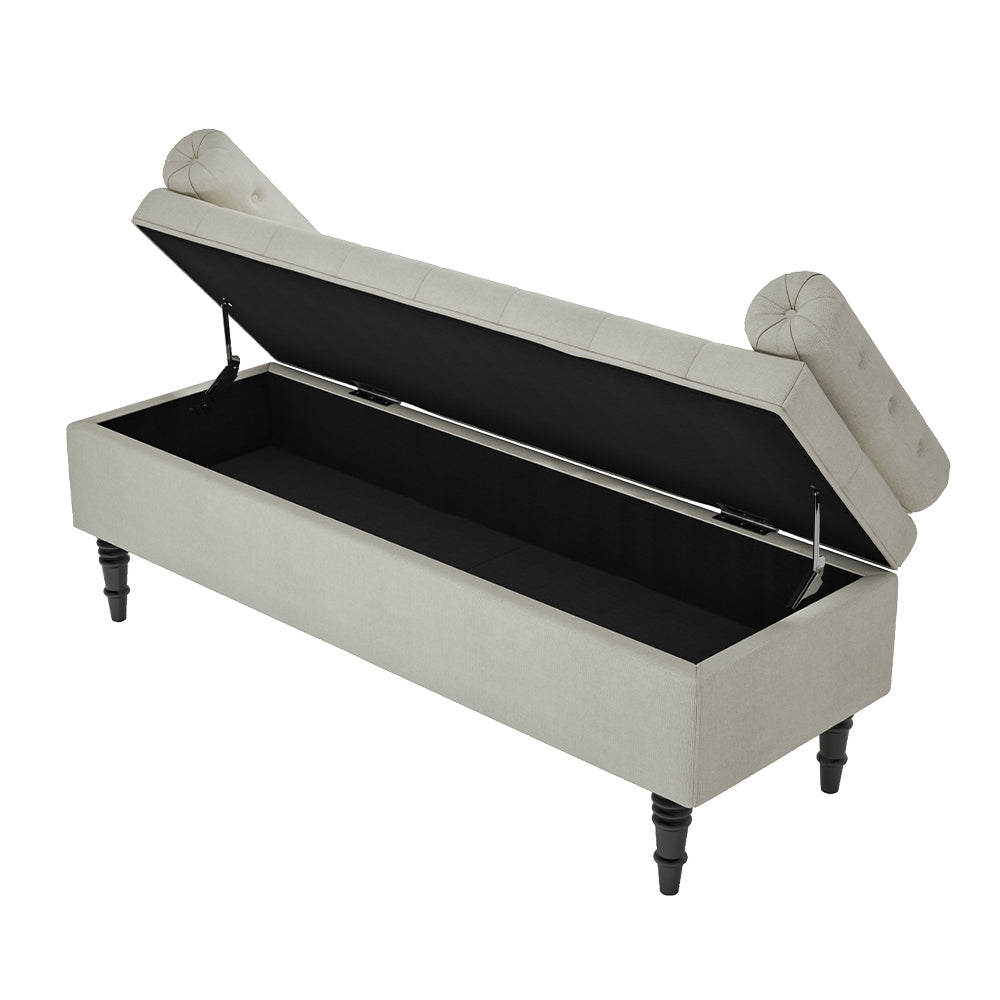 Linen Upholstered Storage Ottoman Bench With Pillowed Armrests – Hidden Compartment, 126cm W