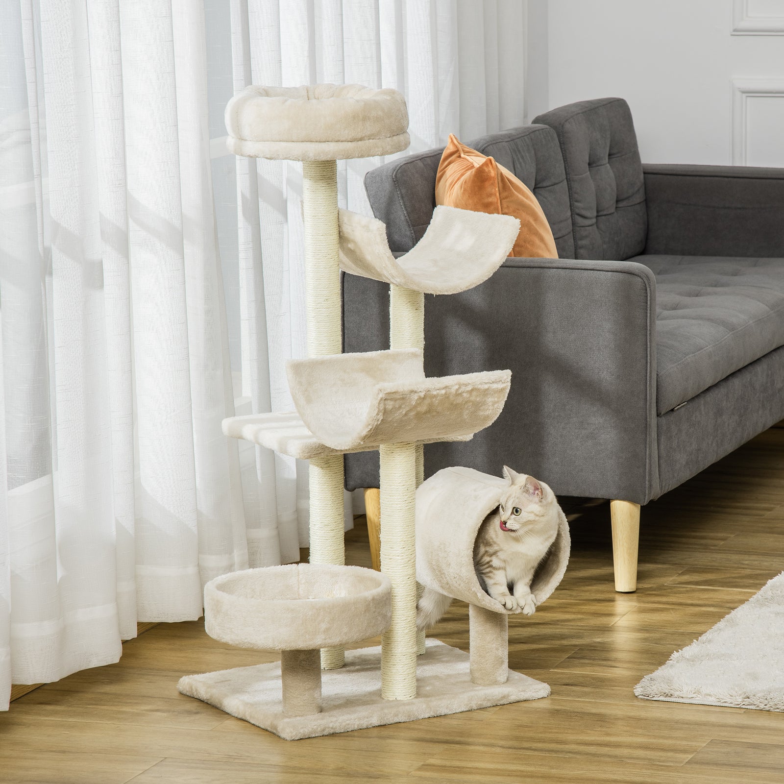 Cat Tree For Indoor Cats With Scratching Post Perch Tunnel Beige