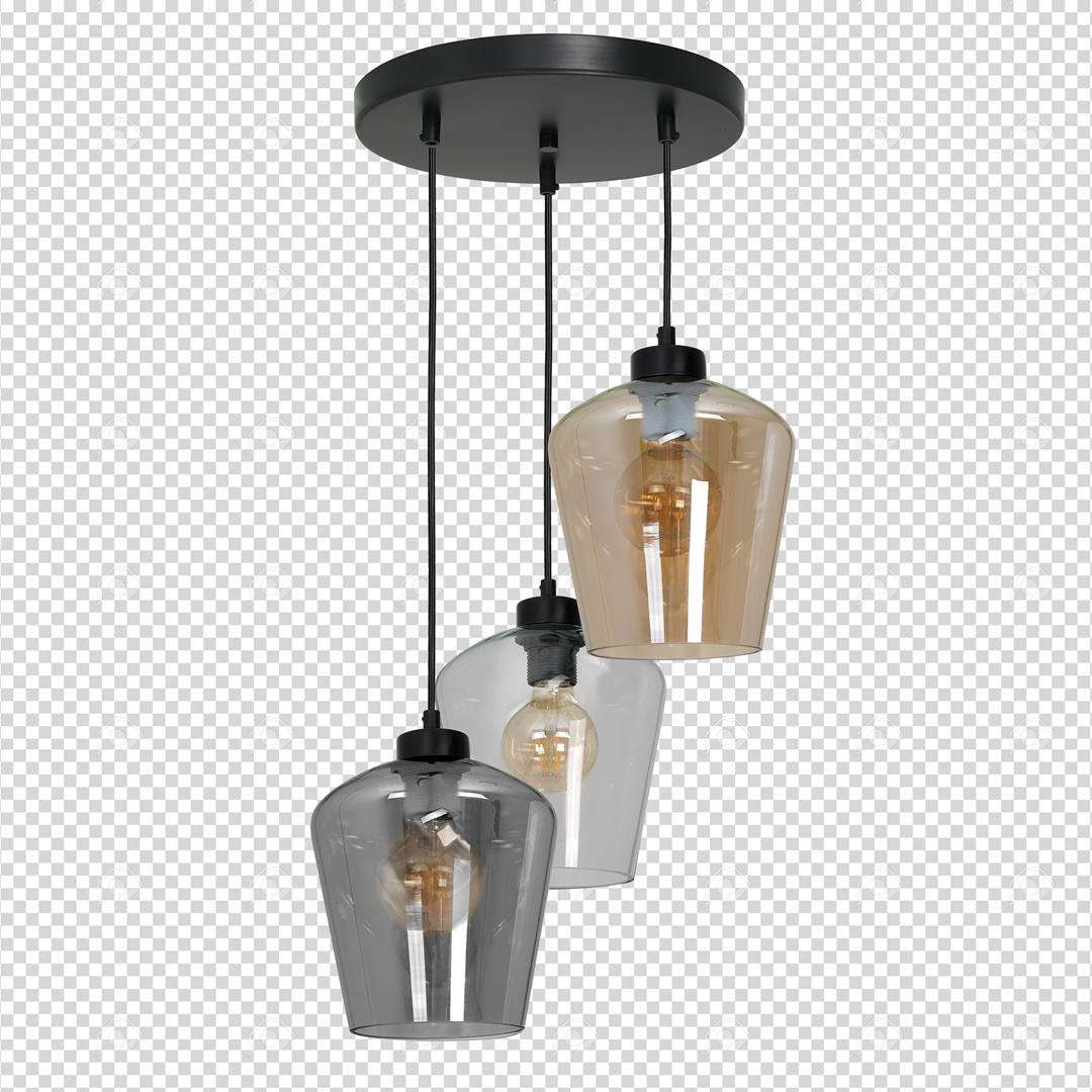 Santiago Triple Black Pendant Lamp E27 Hand Made With Elegant Glassshades In Delicate Amber Cool Smoked Grey And Clear