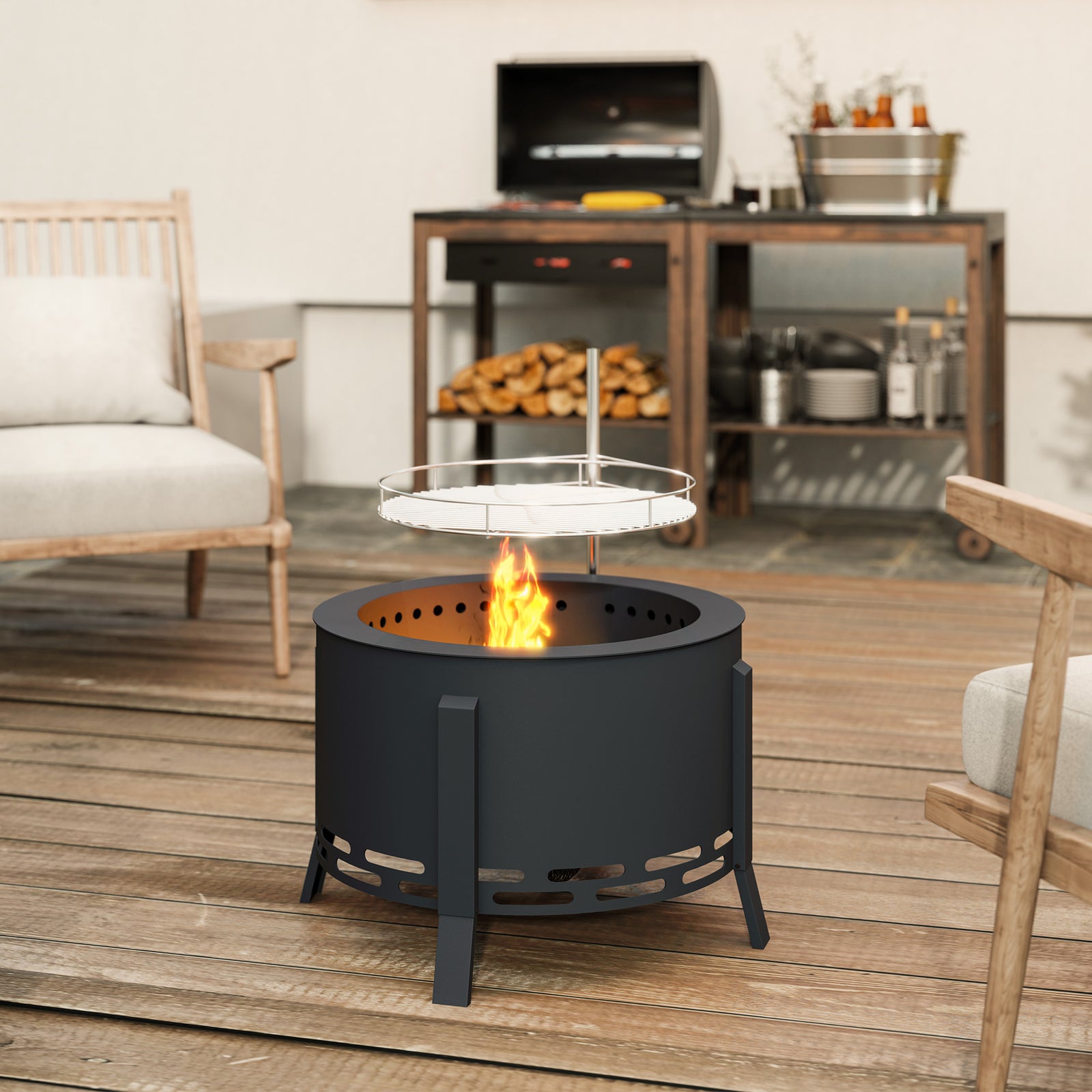 58cm Portable Fire Pit W/ Grill, Black