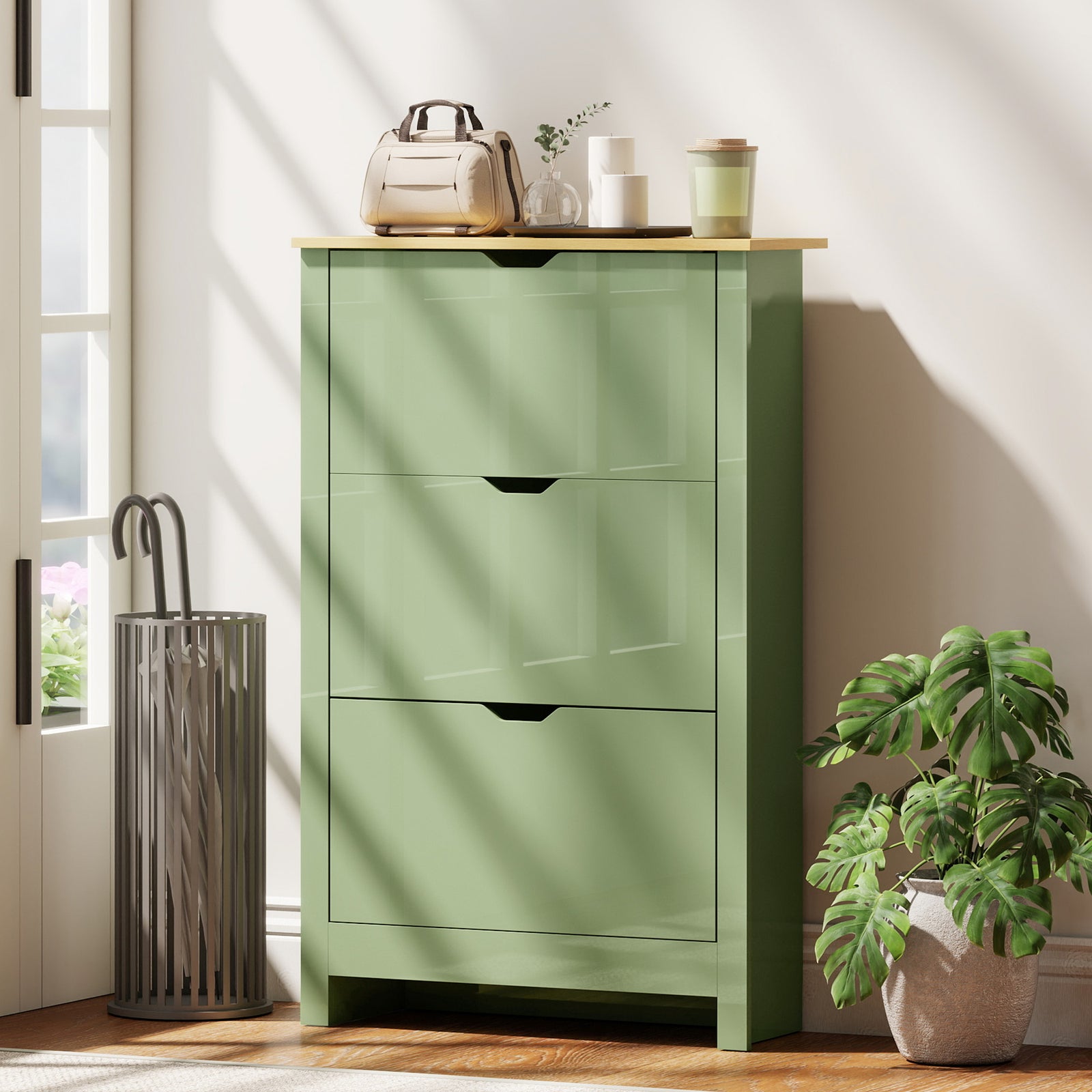 18-shoe Storage Cabinet 6 Shelves 3 Drawers Tabletop High | Green