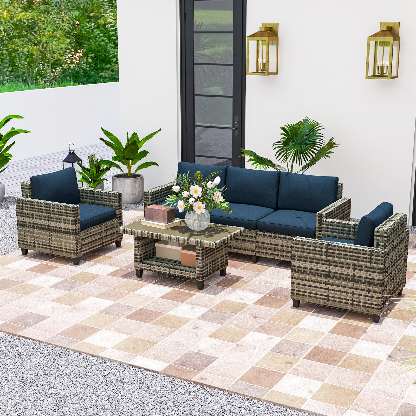 5 Seater Wicker Outdoor Furniture Set For Balcony, Navy Blue