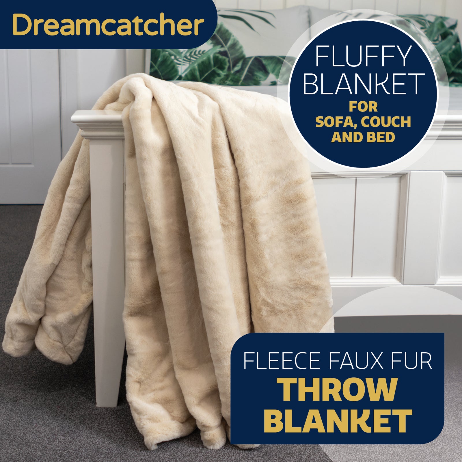 Blanket Throw Soft Faux Fur 160 X 130cm Fleece Overblanket Fluffy Blanket  For Sofa & Beds | L | Cream
