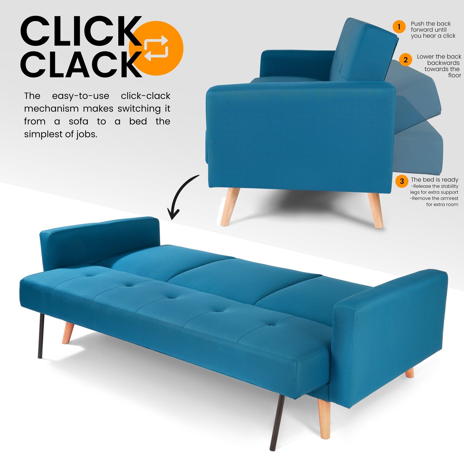 Click-clack Sofa Bed With Ribbed Tufting - 3 Seater | Blue