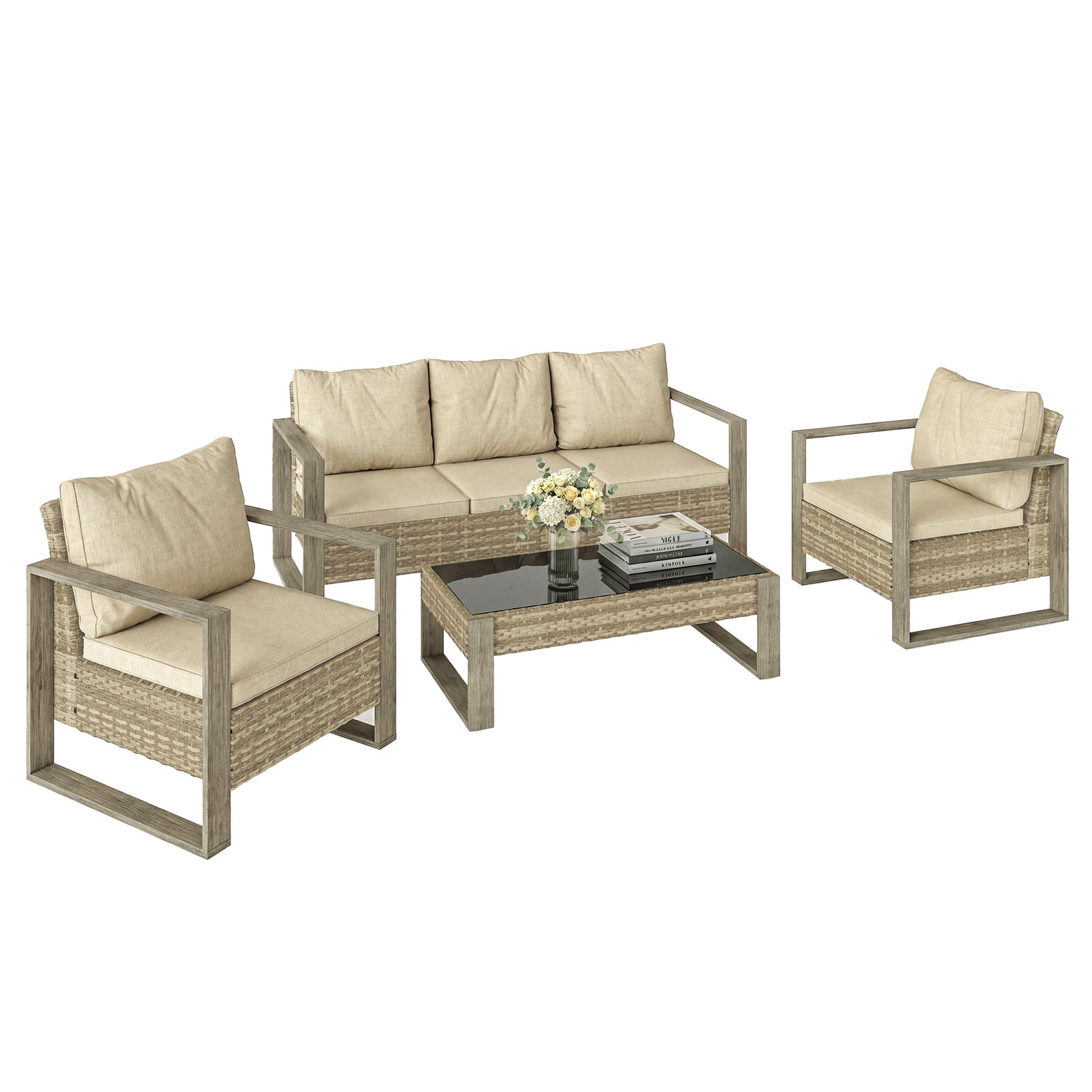 4 Seater Rattan Garden Furniture Set With Non-slip Mats, Khaki