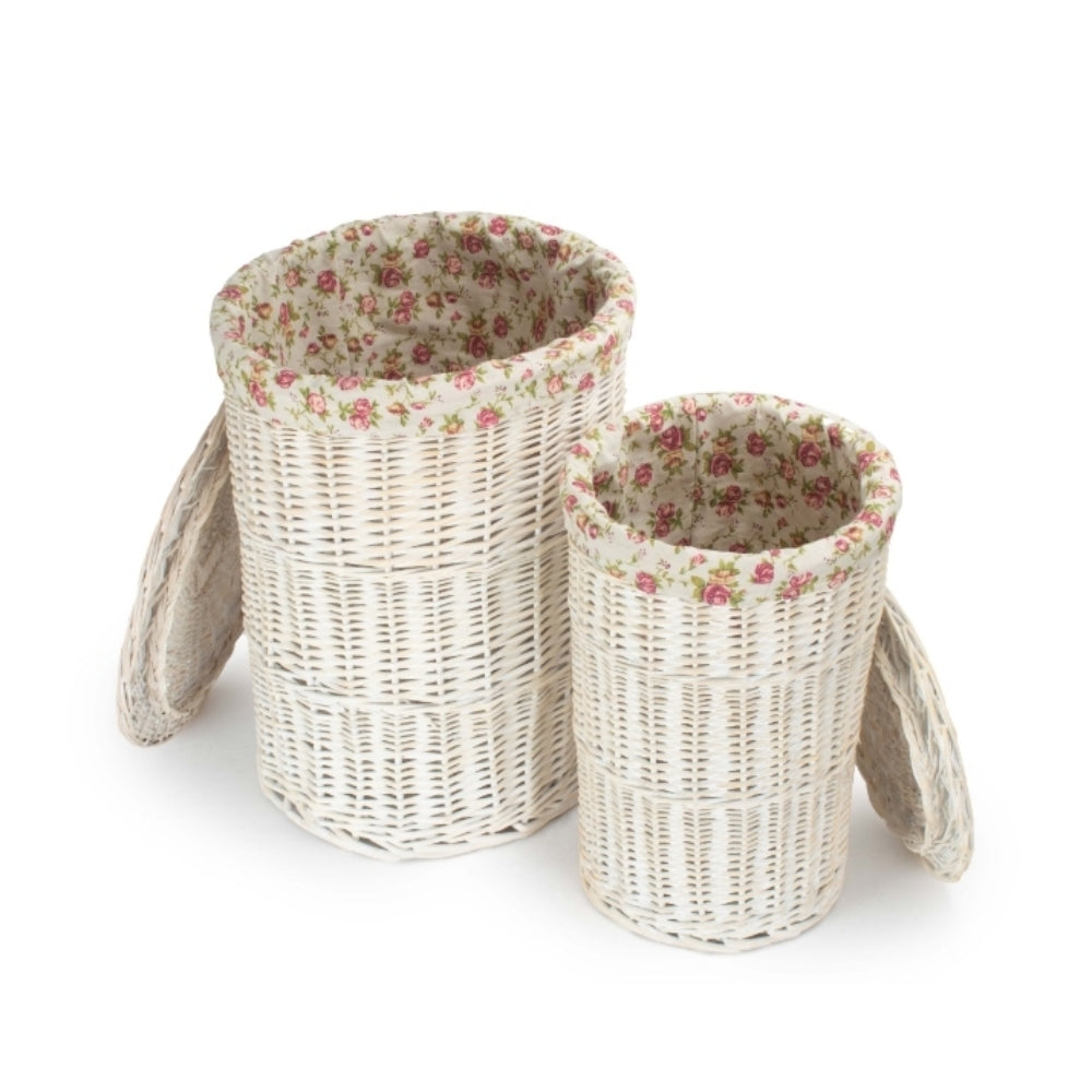 Round White Wash Laundry Hamper With Garden Rose Lining | Set of 2 | Pink
