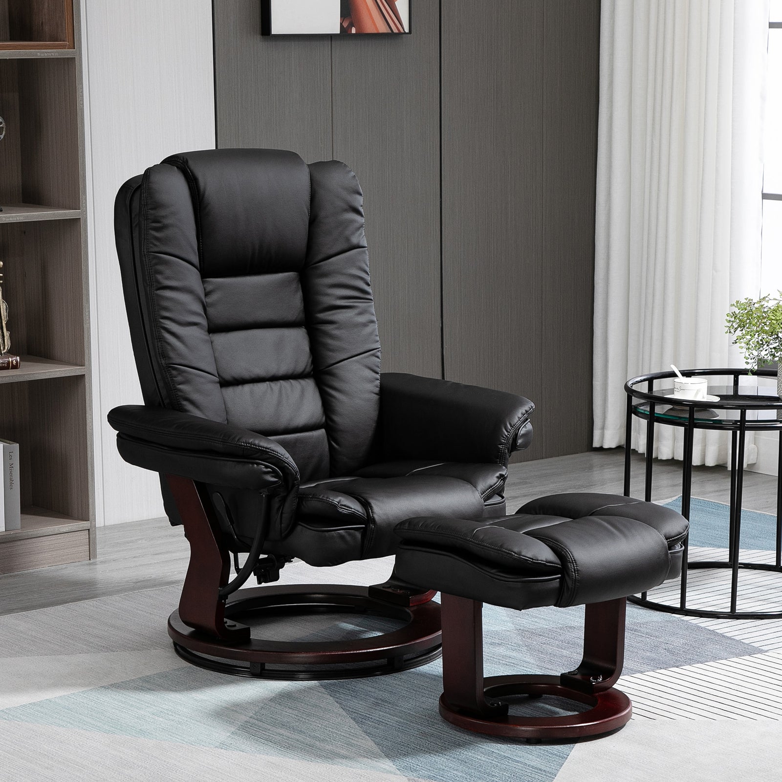 Swivel Manual Recliner And Footrest Set Leather | Black