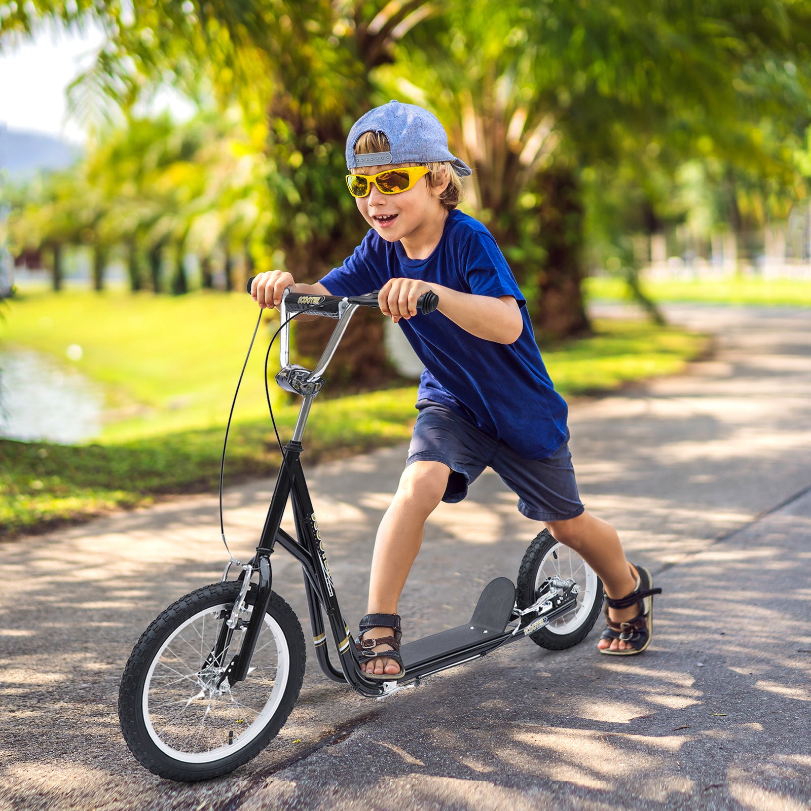 Teen Scooter Adjustable Height Dual Brakes Rubber Wheels Kickstand | Black