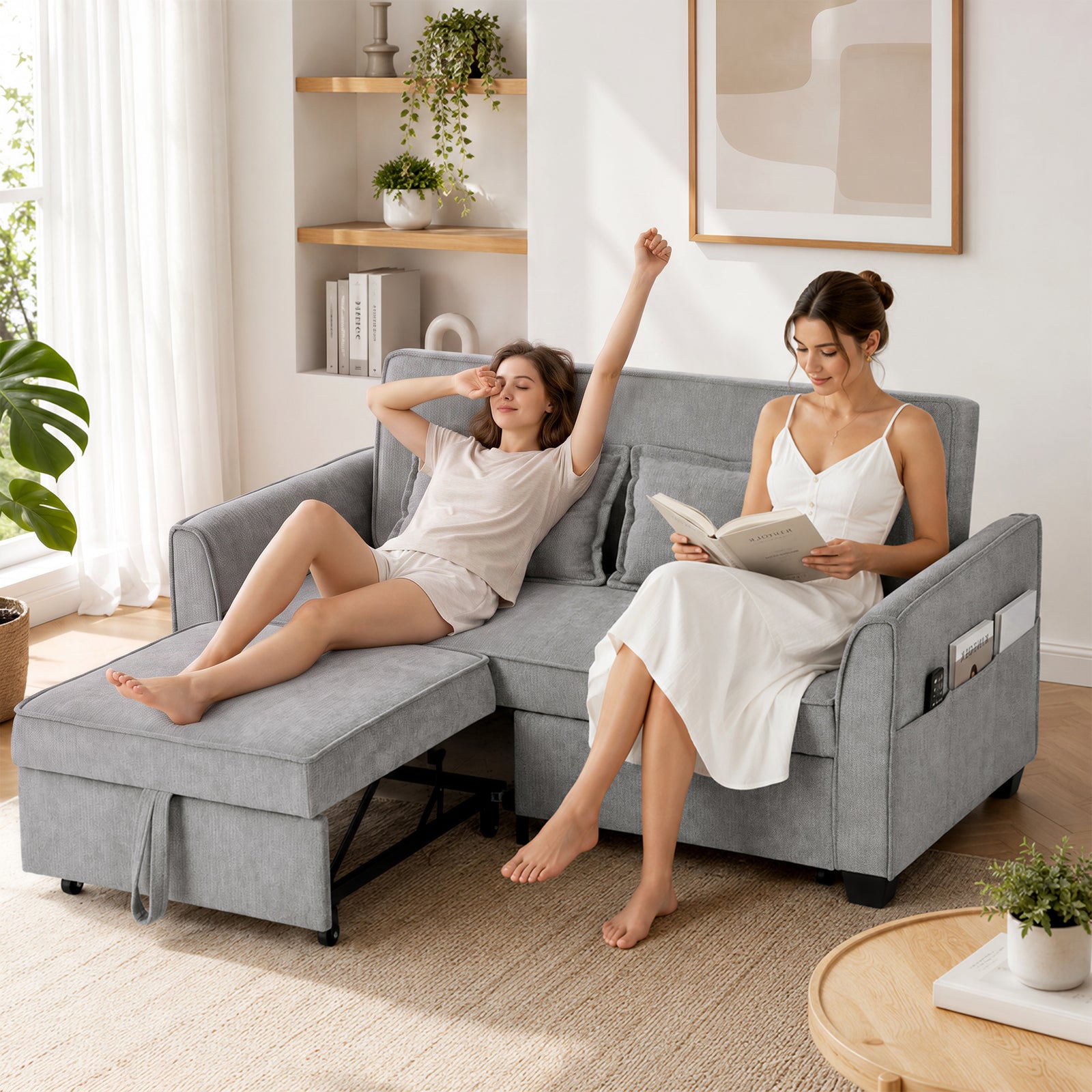2 Seater Sofa Bed, 4-in-1 Convertible Pull Out Sleeper Sofa | Grey