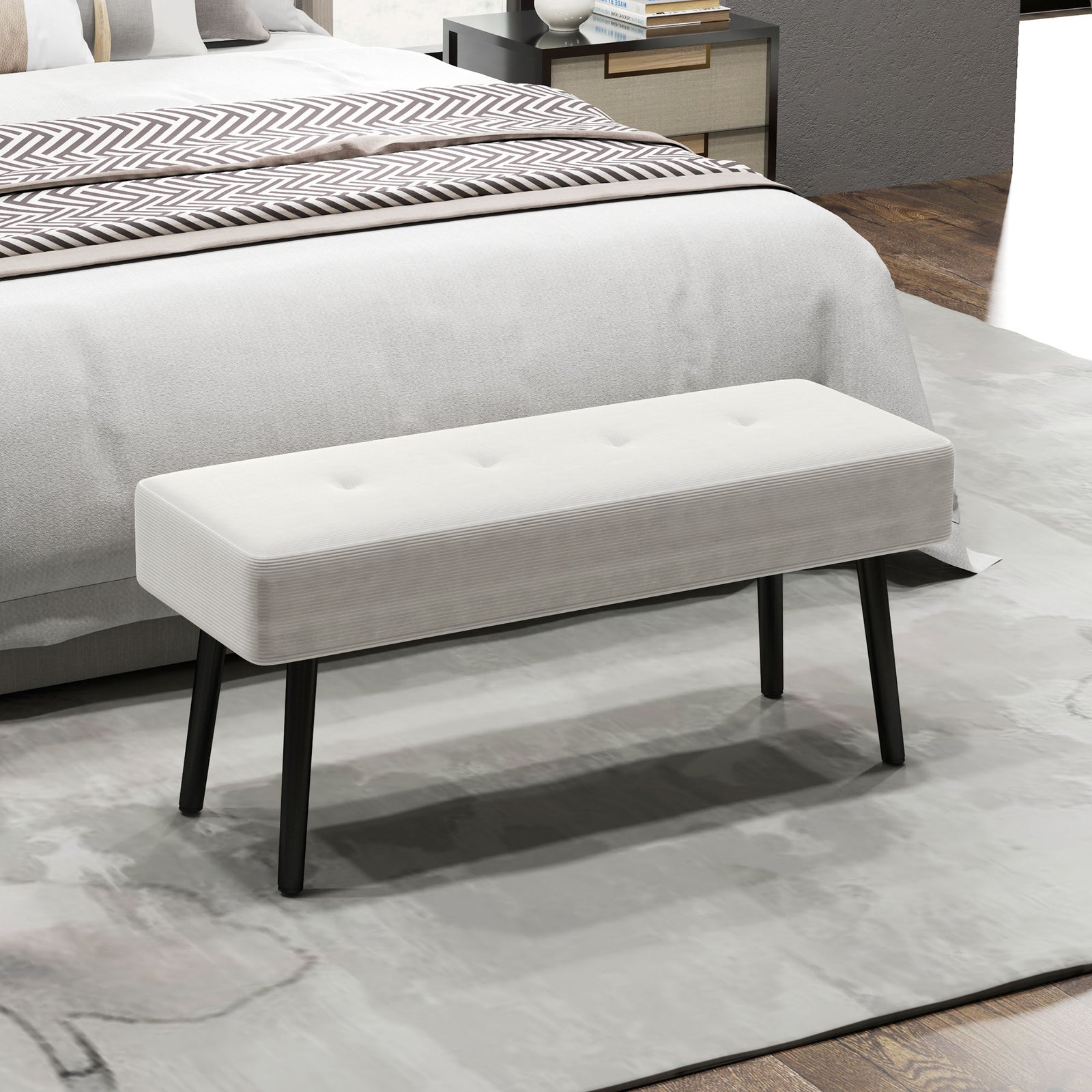 End Of Bed Bench With Thick Padding, Steel Legs For Entryway | One Size | Cream