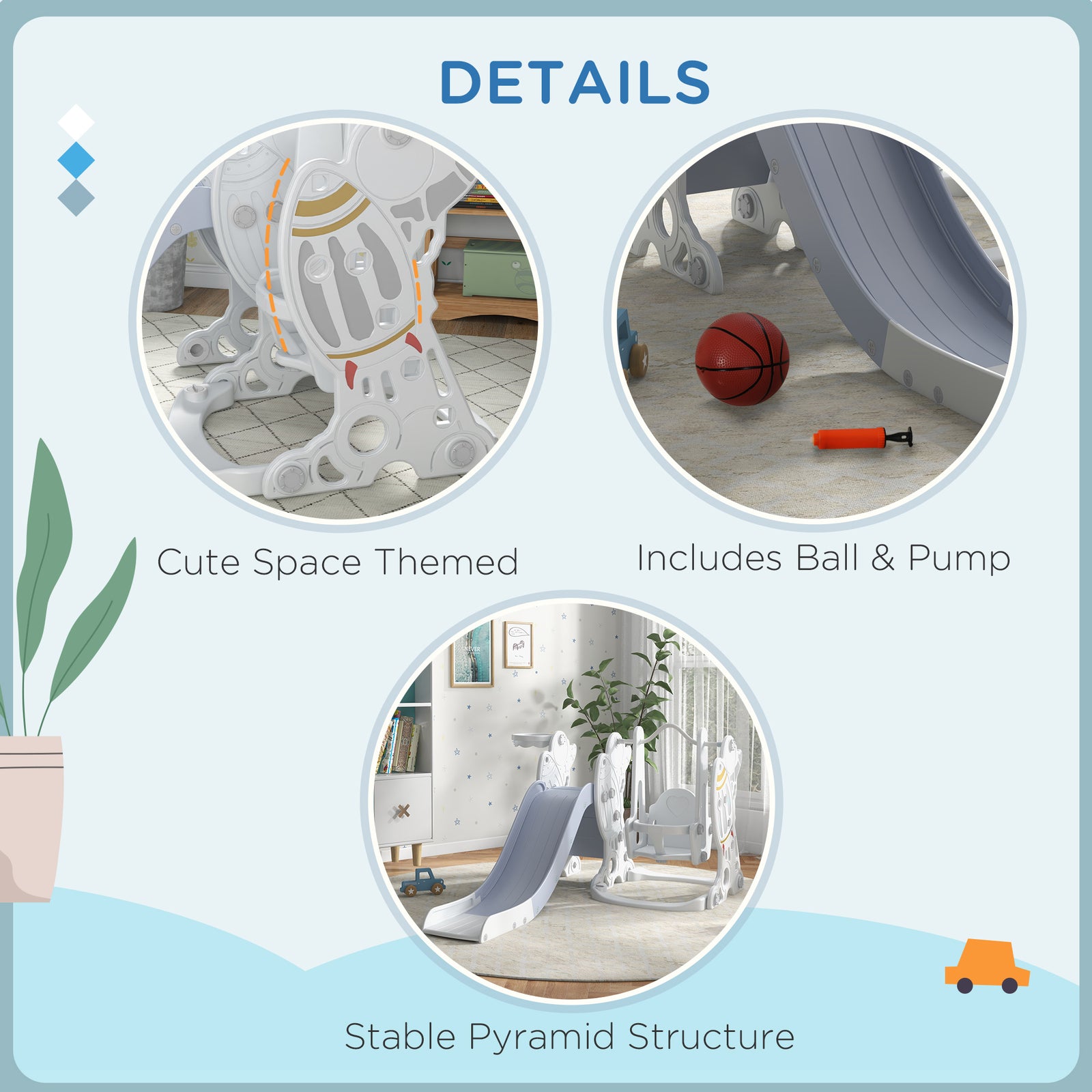 Space-themed Slide And Swing Set For Kids W/ Basketball Hoop | Grey