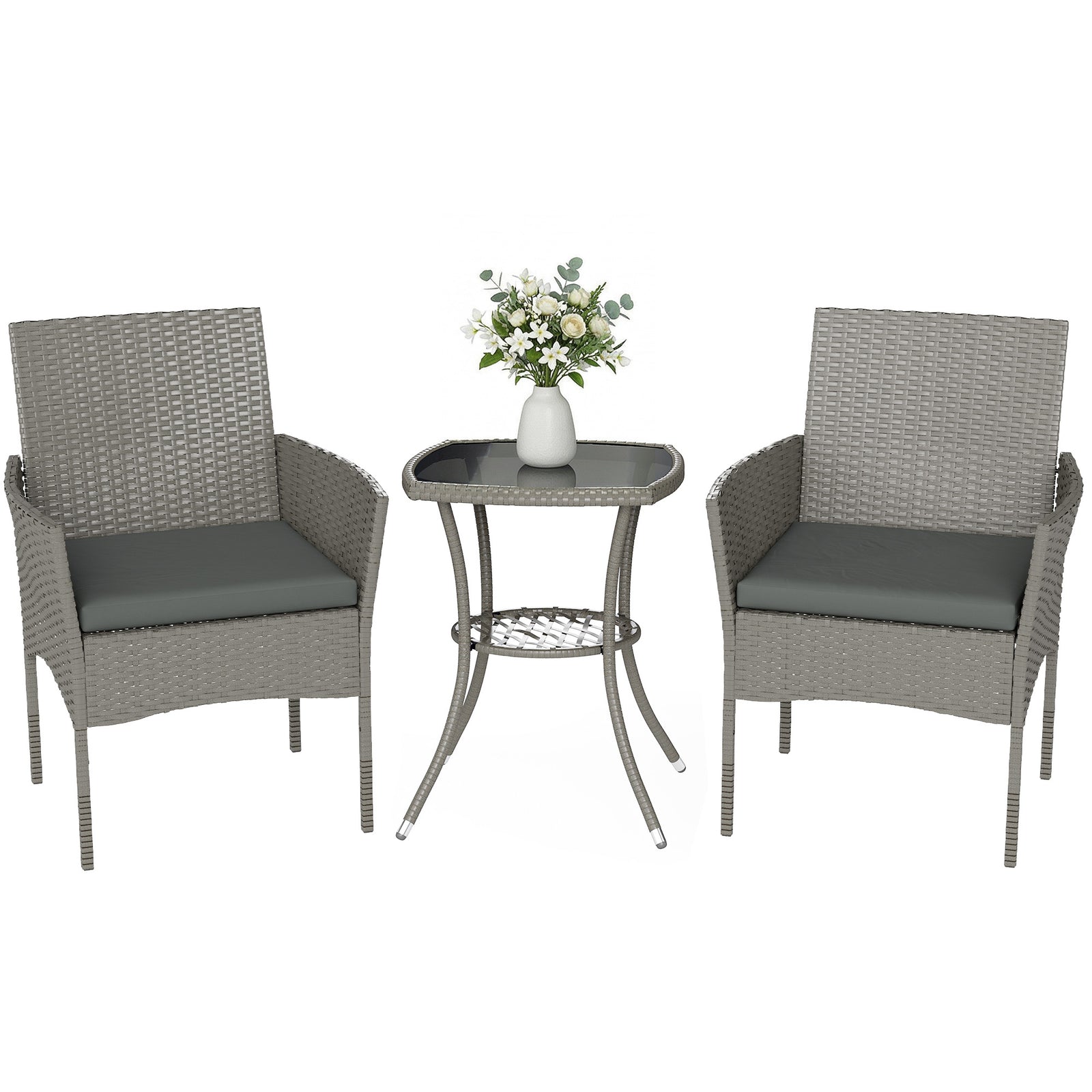 3 Piece Rattan Bistro Set With 2 Tier Glass-top Table, Chairs | Grey