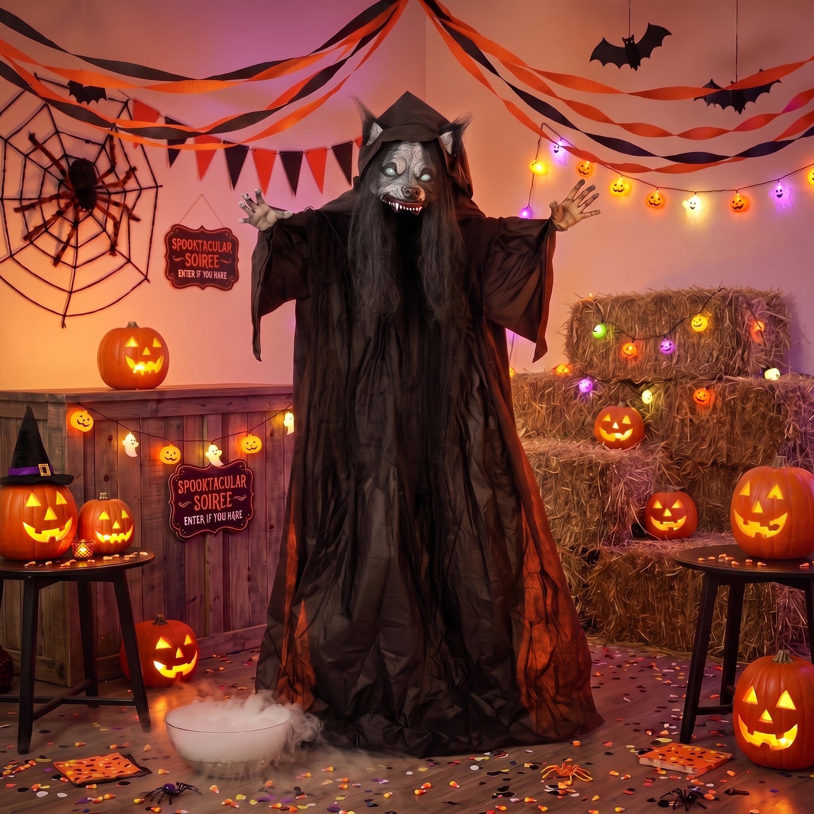 HOMCOM 67" Animated Pop-up Ghost With Werewolf Mask, Light Up Animated Prop