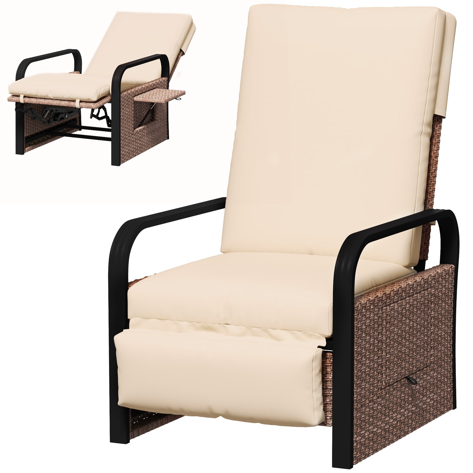Rattan Recliner Chair, Adjustable Backrest & Footrest | Brown