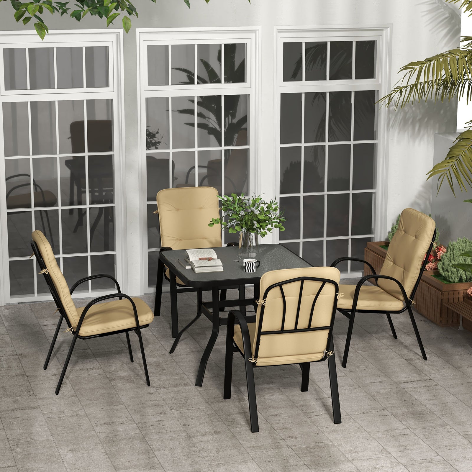 Garden Dining Set, Glass Table W/ Umbrella Hole & Seats | Beige