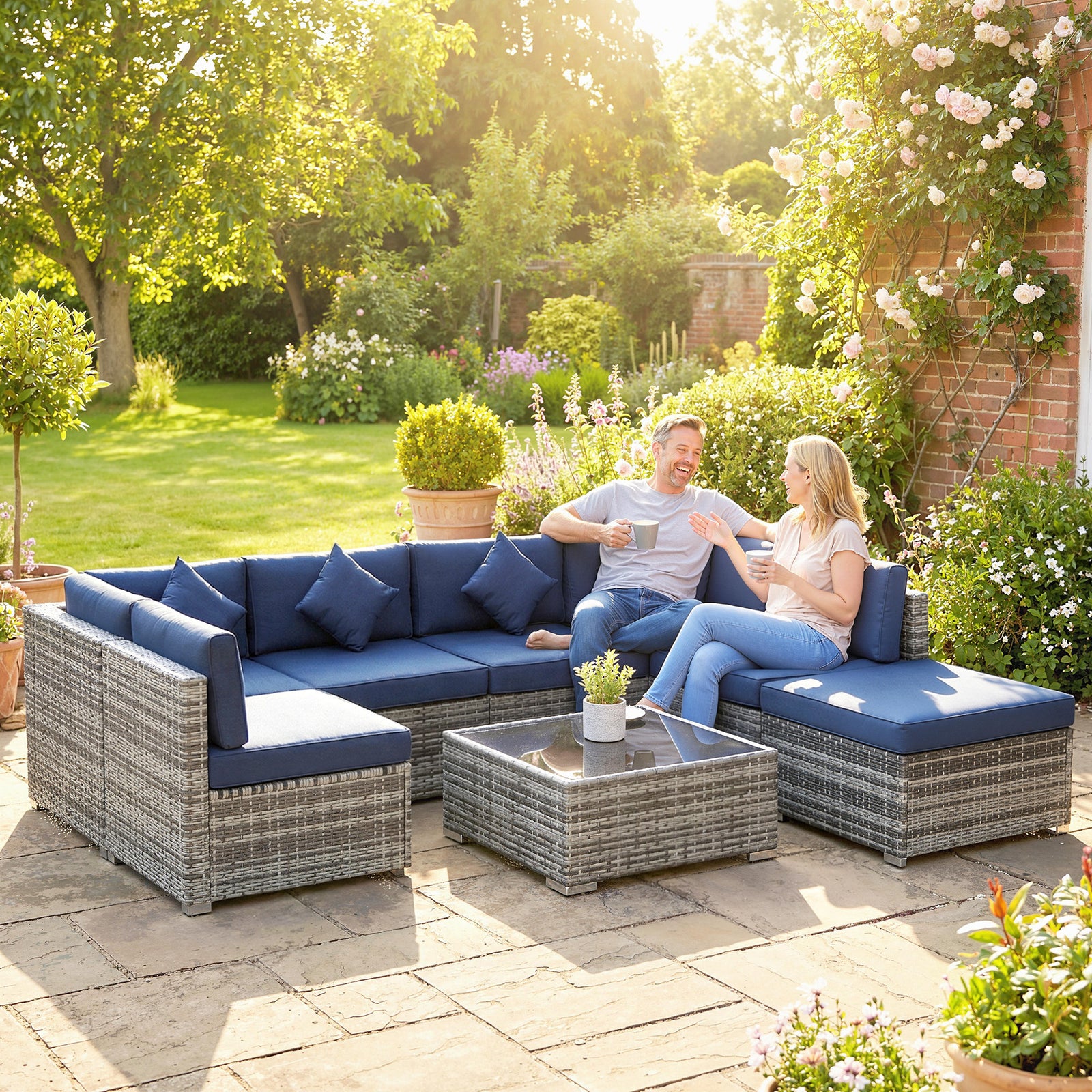8 Pieces Patio Rattan Sofa Set, Garden Furniture Set | Blue
