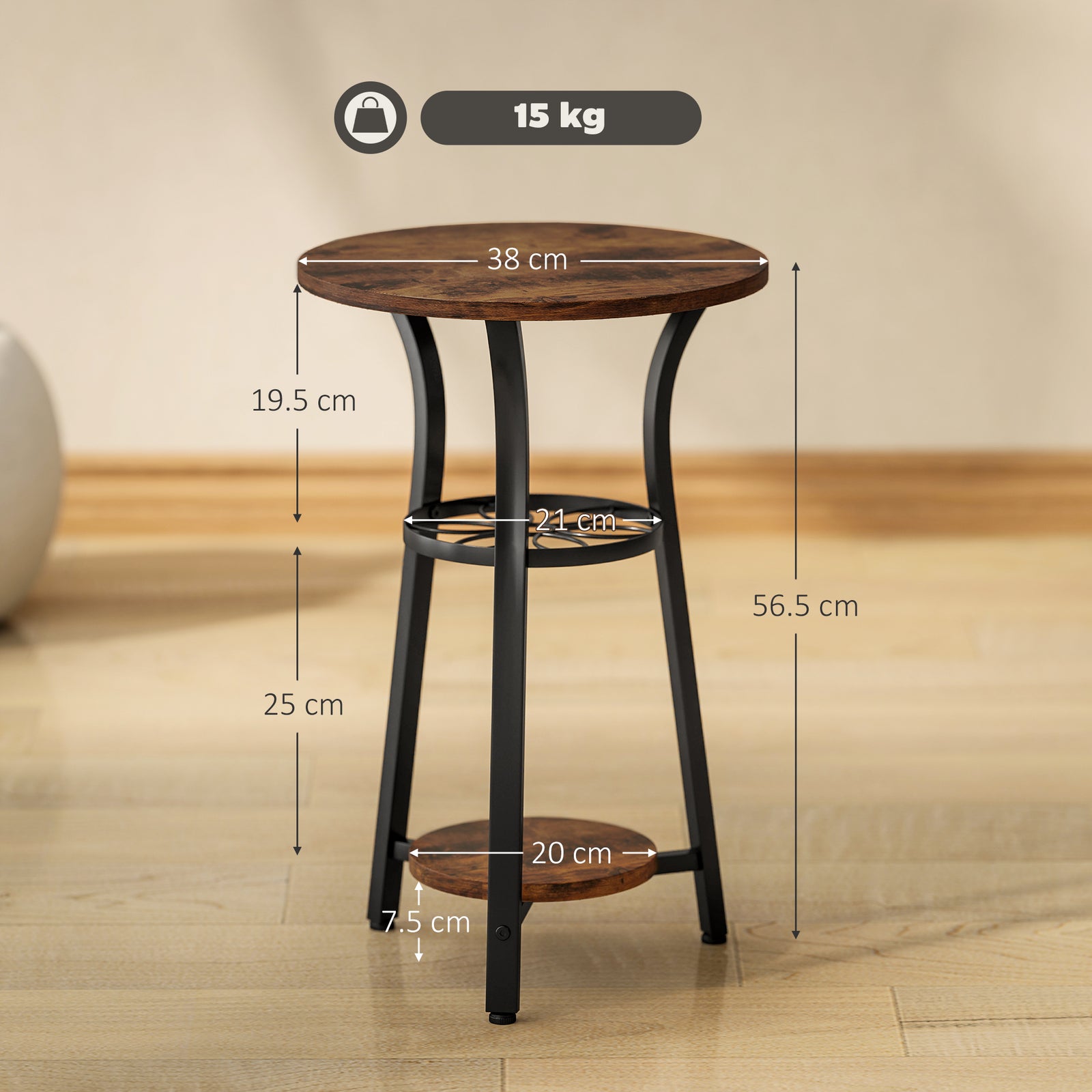HOMCOM 3-tier Small End Table Industrial 38 Cm Round Side Table Rustic Brown