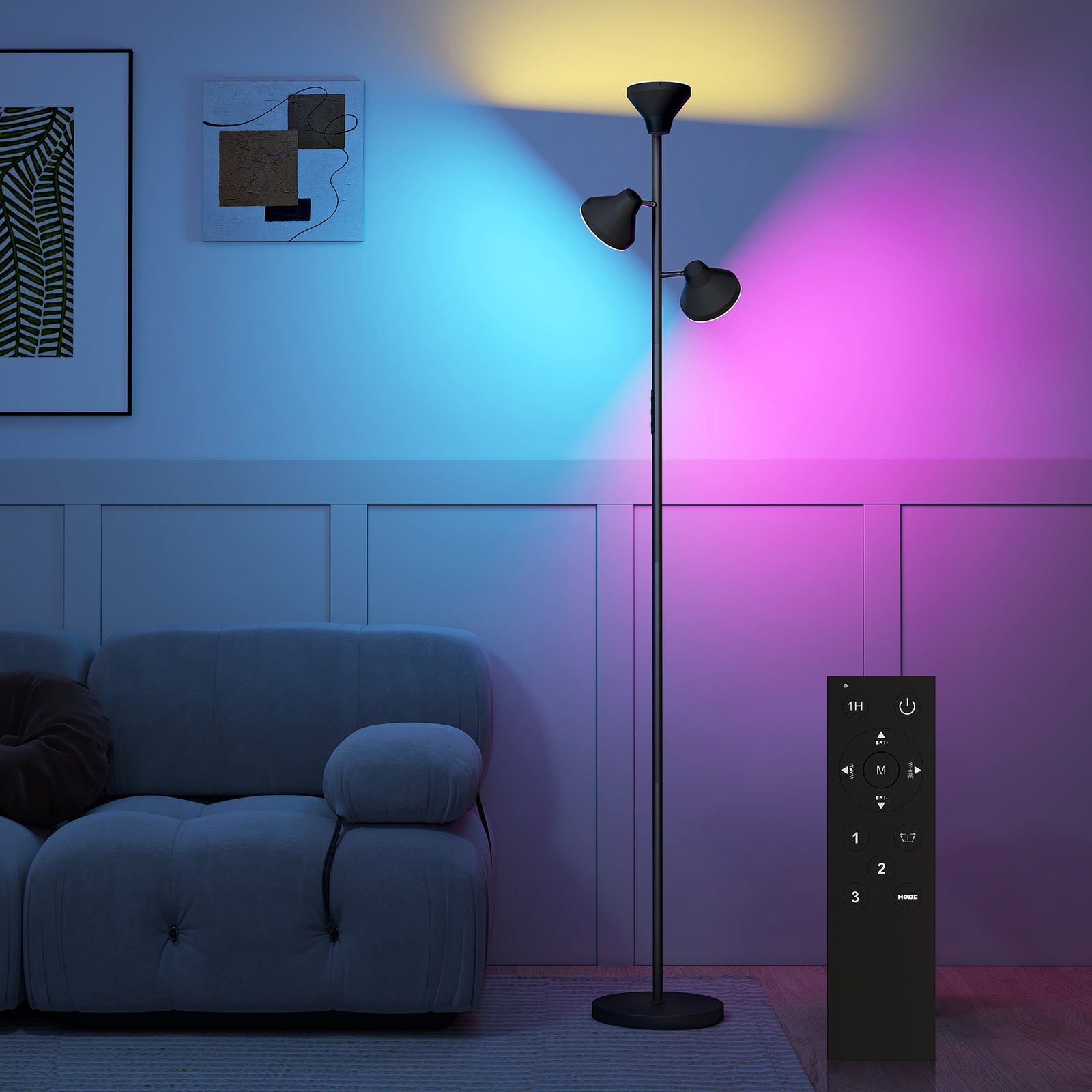 HOMCOM Rgb Floor Lamp With 3 Rotatable Head, Modern Standing Lamp, Black