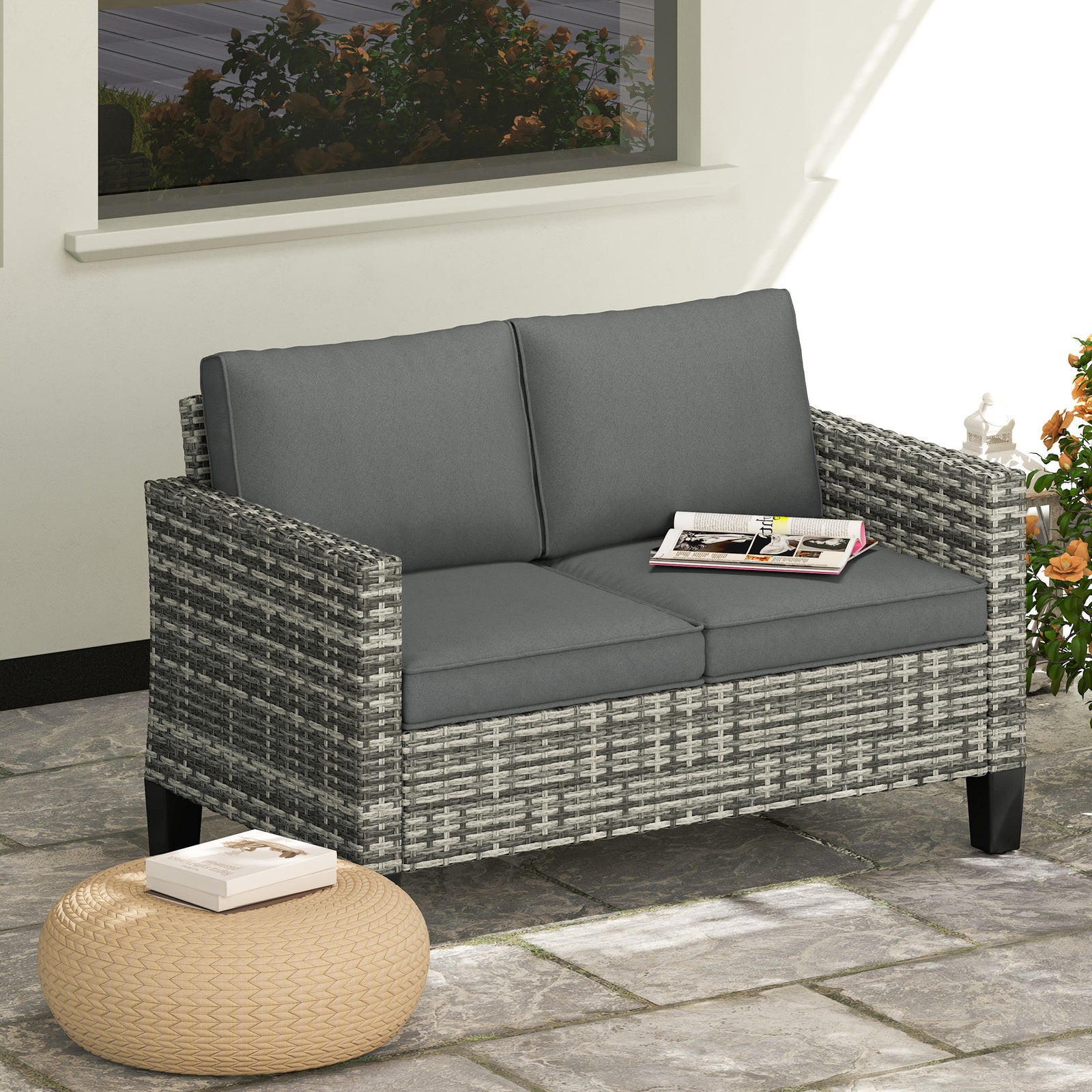Rattan Sofa W/ Cushions, 2 Seater Garden Furniture | Light Grey