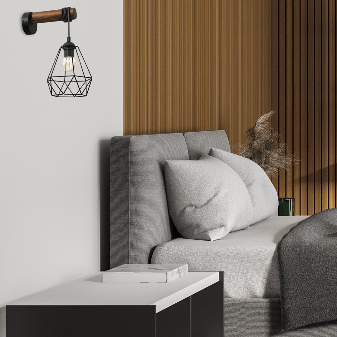Acero Wall Lamp 1xe27 This Hand Made Industrial Style Lamp Is Hand Made From Sleek Black Steel And Natural Dark Wood