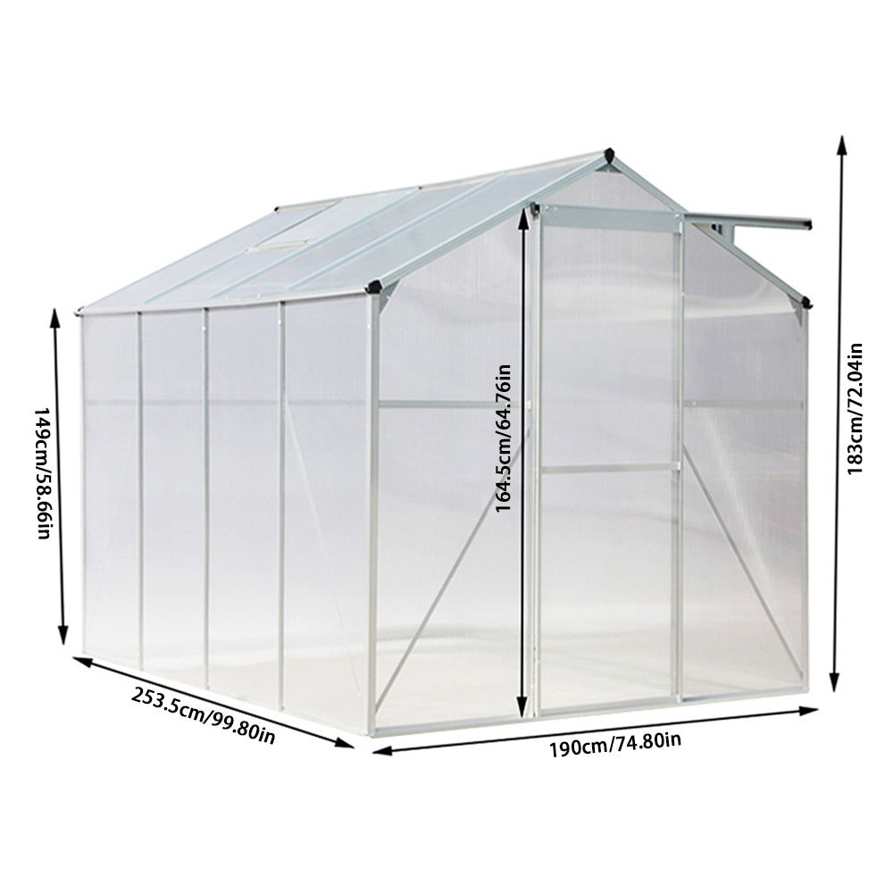 Polycarbonate Greenhouse– Aluminum Frame Walk-in Greenhouse With Sliding Door & Ventilation Window For Plants & Flowers, White, 8 x 6ft
