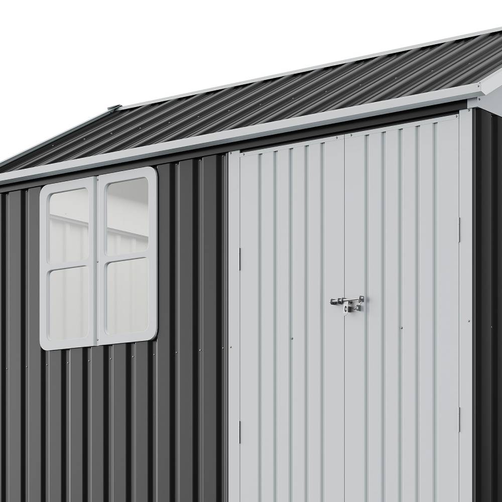 10x8ft Lockable Outdoor Metal Shed With Window – Apex Roof Garden Storage With Double Doors For Tools, Equipment