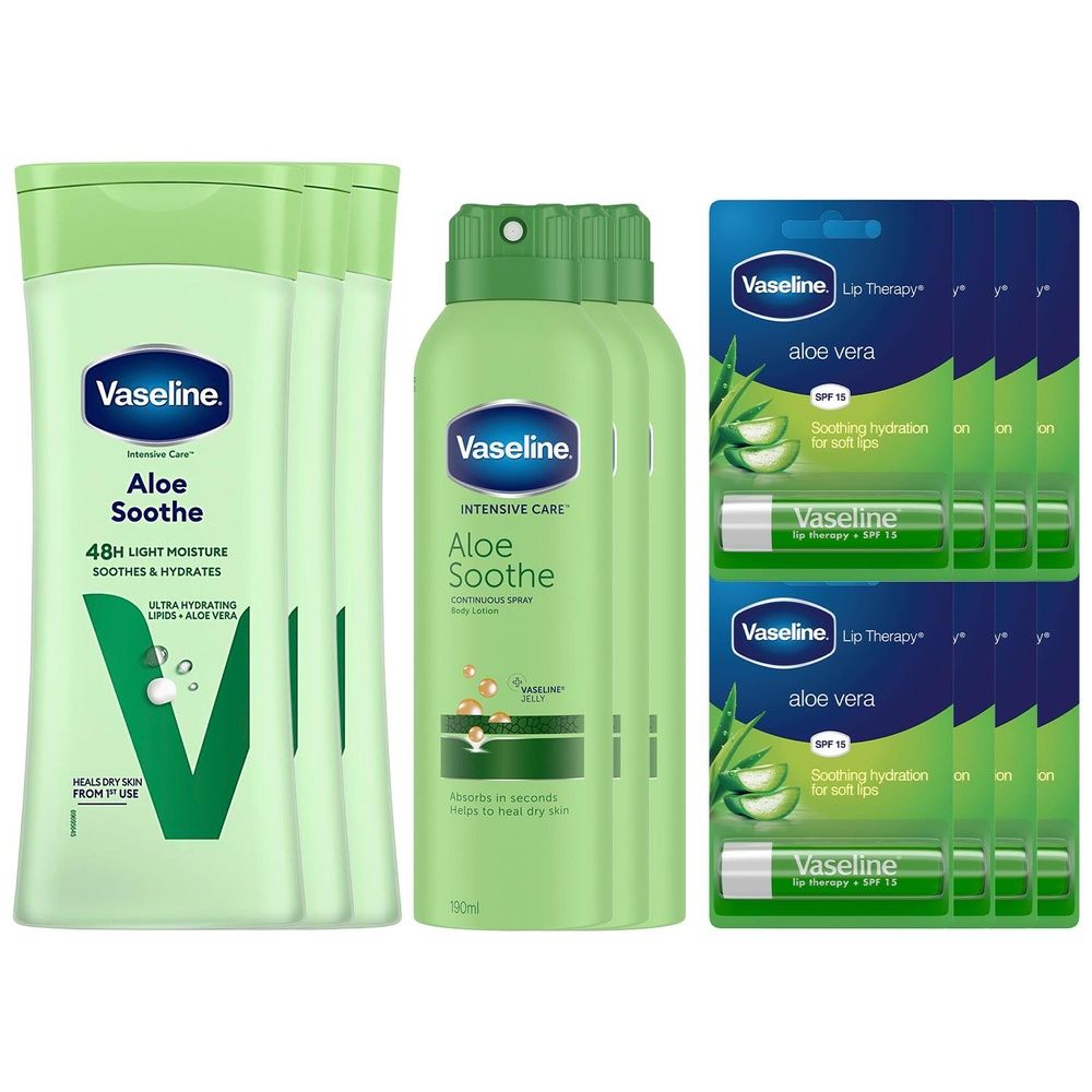 Vaseline Aloe Bundle Lip Balm 8x4g, Spray Body Lotion 3x190ml & Body Moisturiser 3x400ml