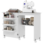 Folding Sewing Table Rolling Craft Table With Drop Leaf | White