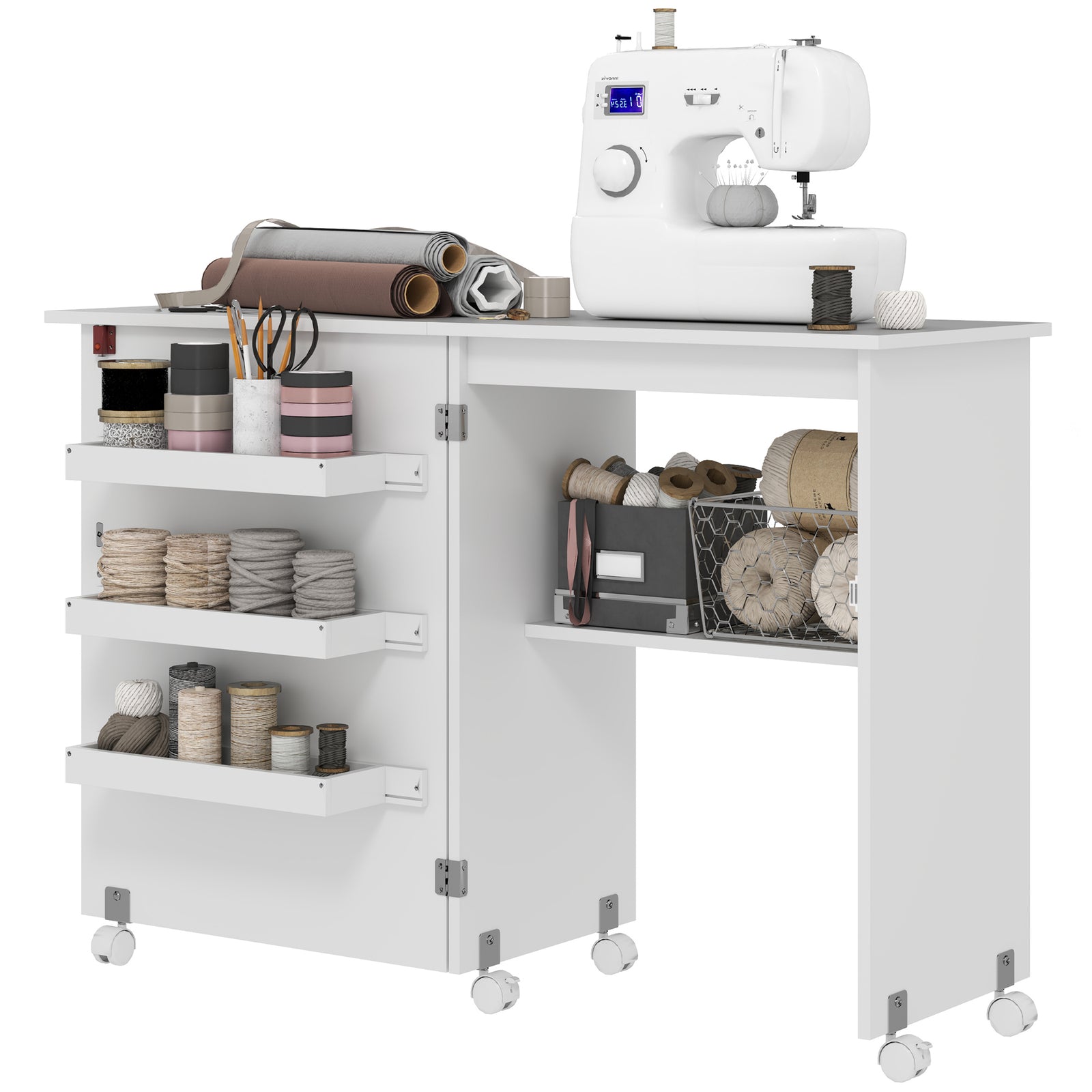 Folding Sewing Table Rolling Craft Table With Drop Leaf | White