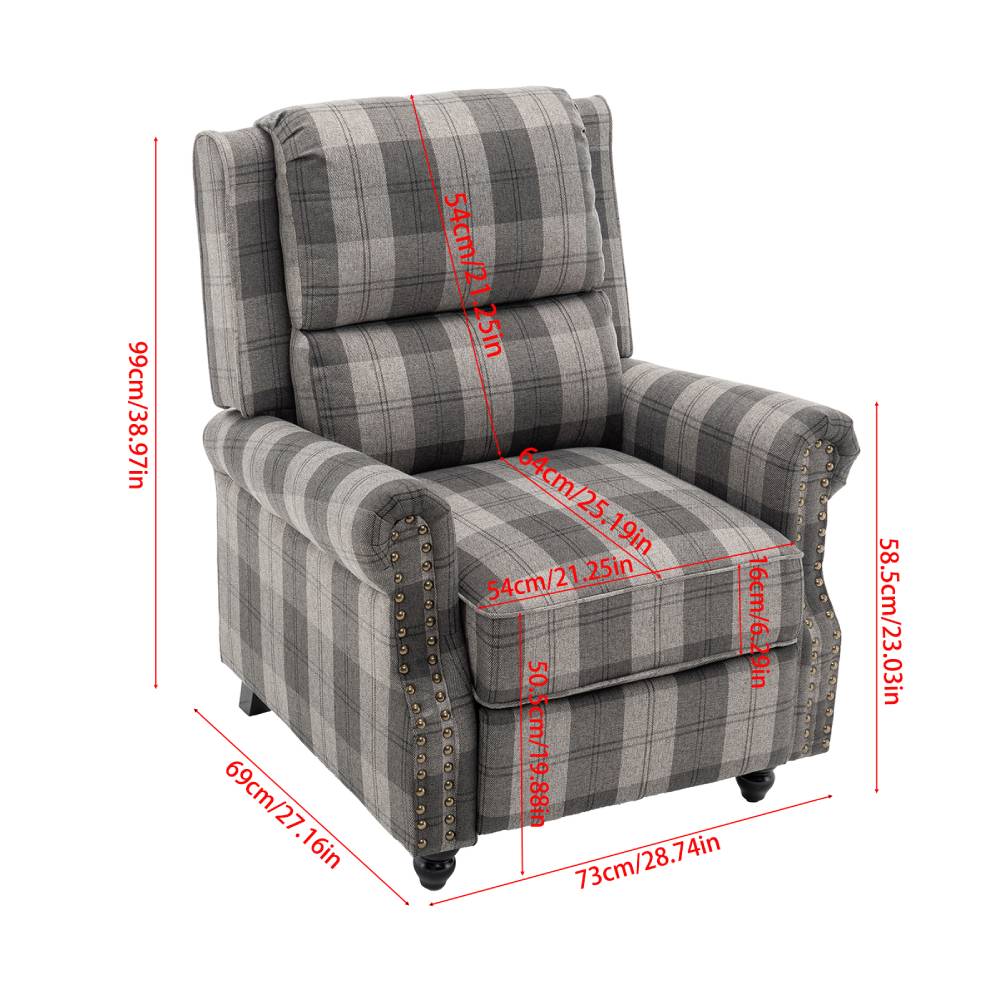 Modern Linen Upholstered Push Back Recliner Armchair With Adjustable Backrest & Hidden Footrest | Grey