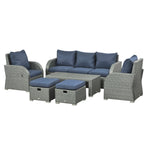Cushioned Rattan Wicker Sofa, Recliner, Footstool, Table Set | Blue