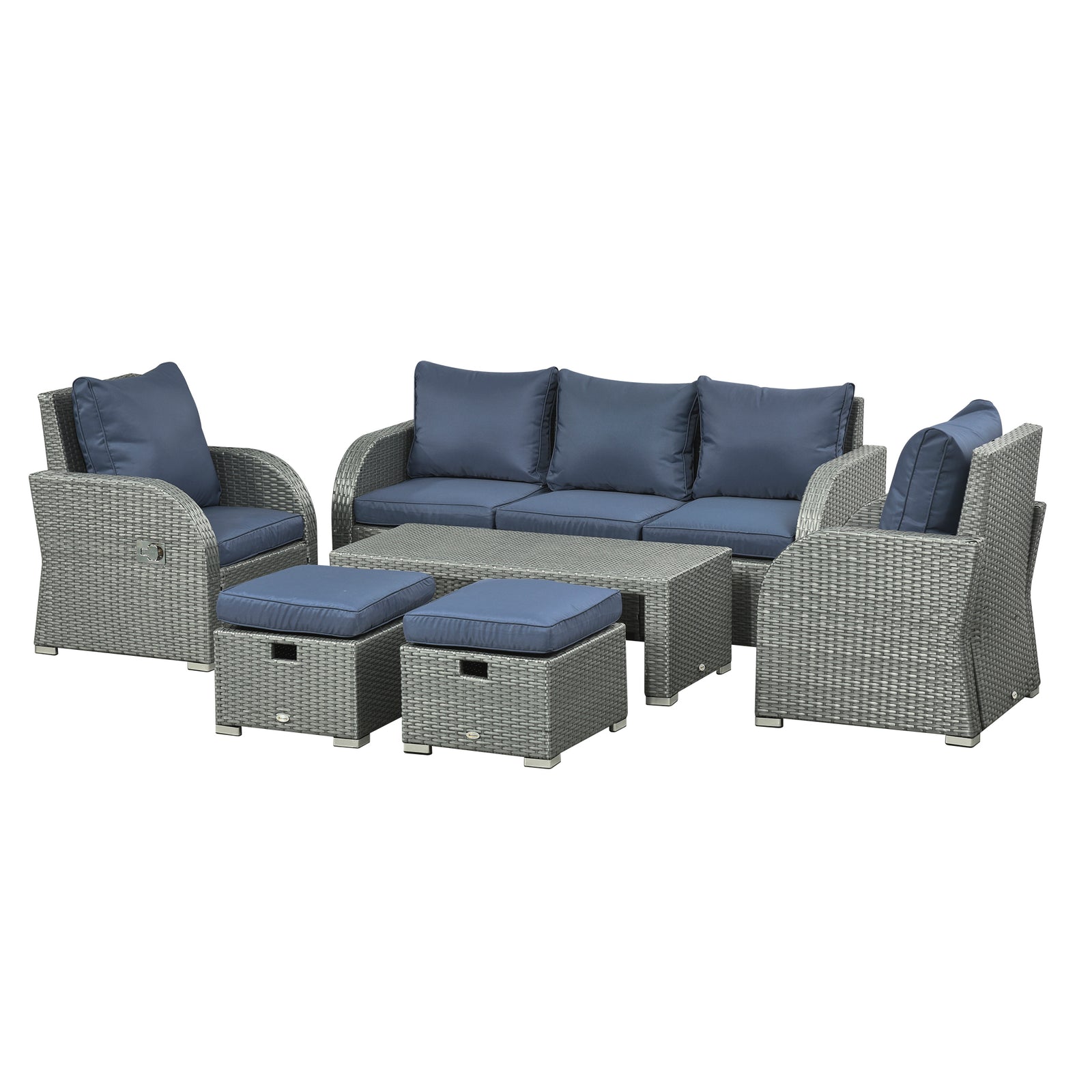 Cushioned Rattan Wicker Sofa, Recliner, Footstool, Table Set | Blue