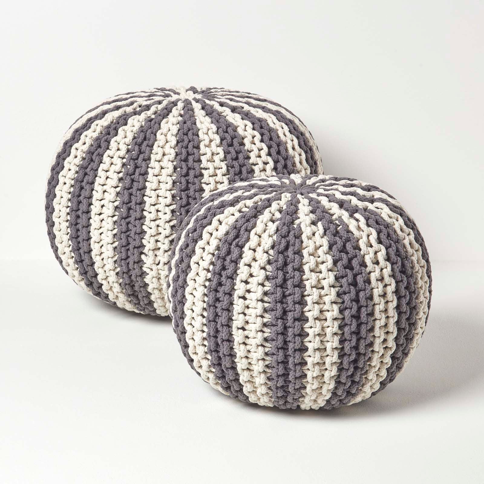 Knitted Pouffe Striped Footstool | 50cm x 35cm | Grey