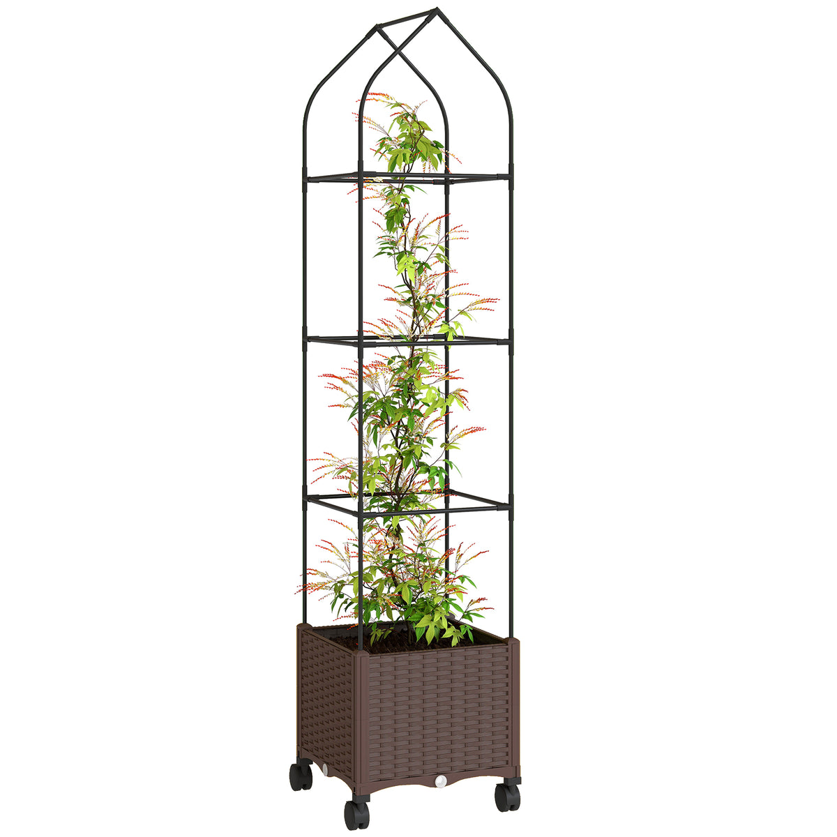 Outsunny Raised Garden Bed Tomato Cage With Trellis, Drainage Holes, Brown