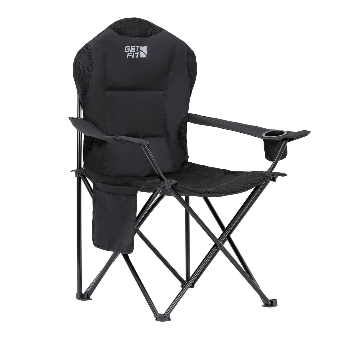 Premium Camping Chair - Thick Padded Folding Chair For Adults With Magazine Pocket, Cup Holder & Carry Bag - Lightweight 3kg - Heavy Duty Foldable Picnic Chair | Single | Jet Black