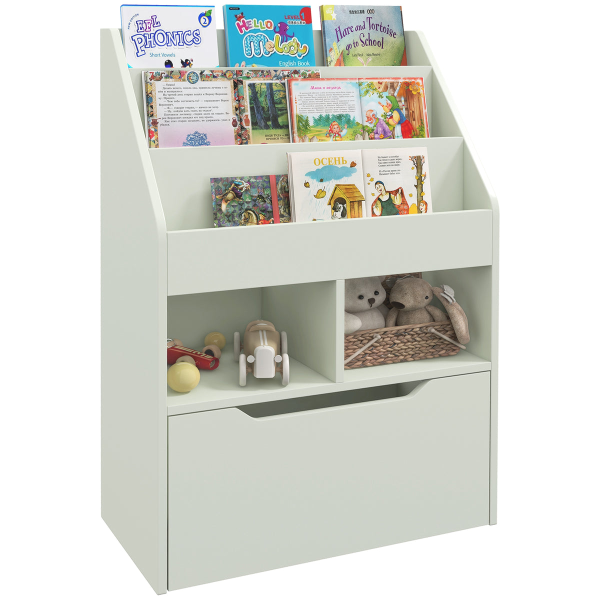 Kids Bookshelf, Toy Box W/ Storage Drawer, Wheels, For Bedroom | Green