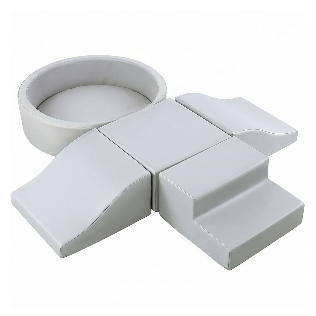 Soft Play Set 5pc Pu Leather Foam Blocks Baby Climbing Sliding Indoor Grey | Grey