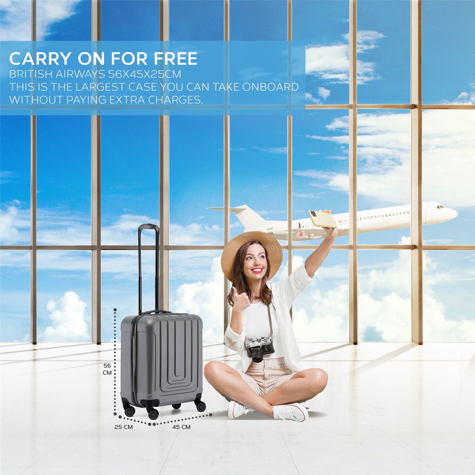 56x45x25cm Large Cabin Carry On Case - Overhead Luggage Suitcase - 4 Spinner Wheels - Abs Hard Shell Cabin Bag | Cabin | Anthracite