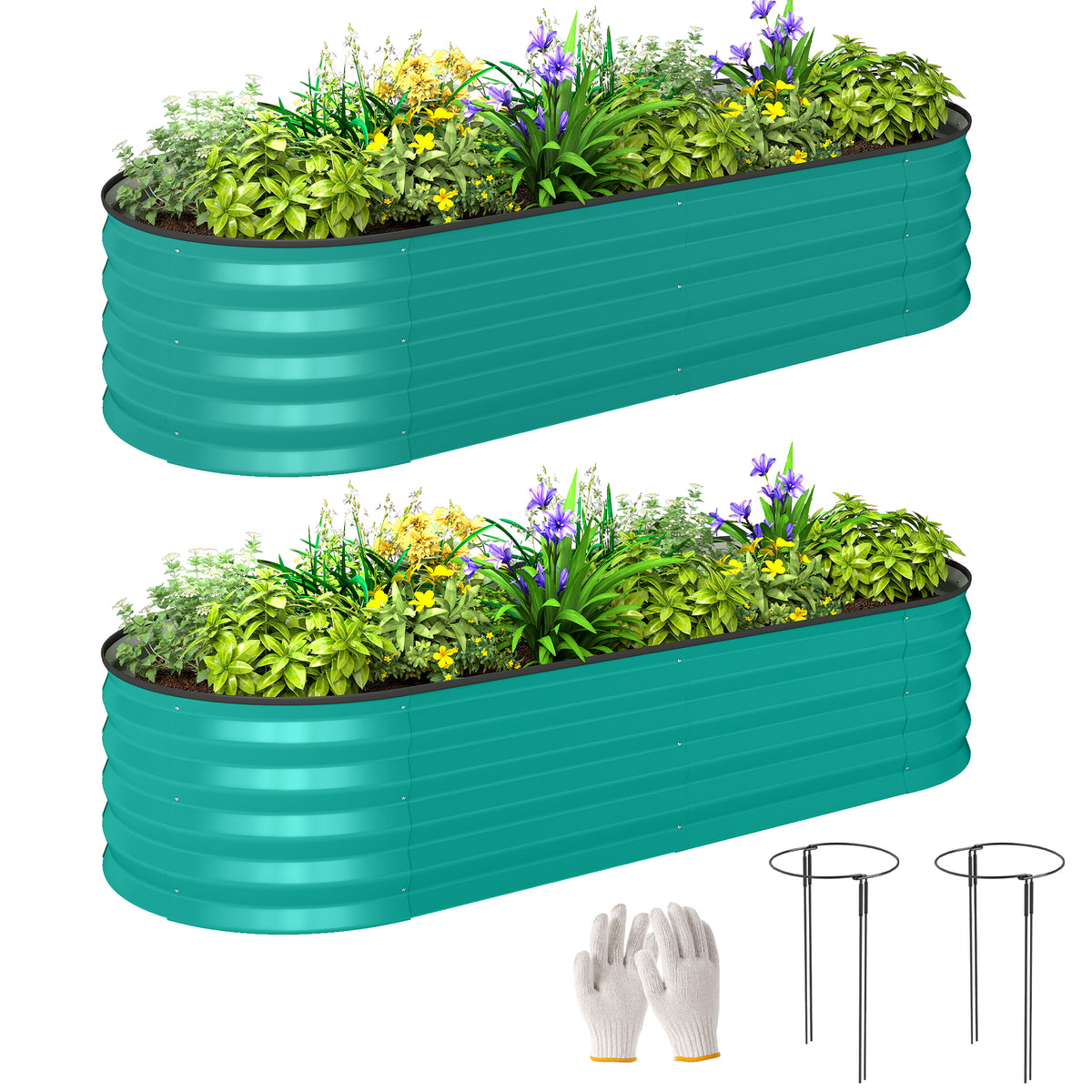 Raised Beds For Garden With Metal Plant Stakes | Set of 2 | Green