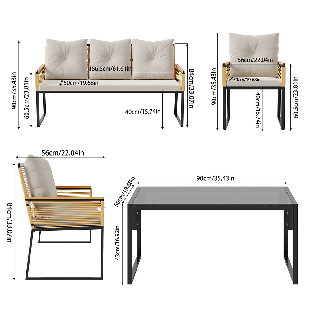 Breeins 4-piece Pe Rattan Garden Furniture Set, Outdoor Patio Conversation Set With 3-seater Sofa, 2 Armchairs, Glass Coffee Table & Cushions, Weather-resistant Wicker Seating For Garden, Backyard & Patio