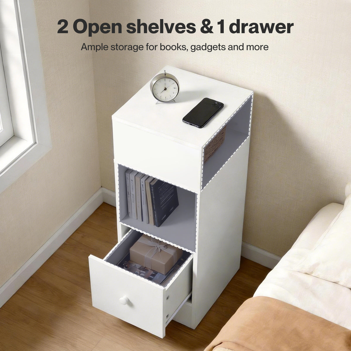 Bedside Tables Modern Nightstand White Storage Drawer Shelf For Bedroom | White