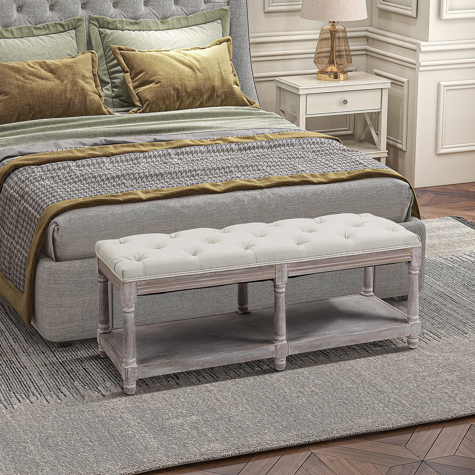 2-tier Bed End Bench Vintage Stool Button Tufted Window Seat | One Size | Cream