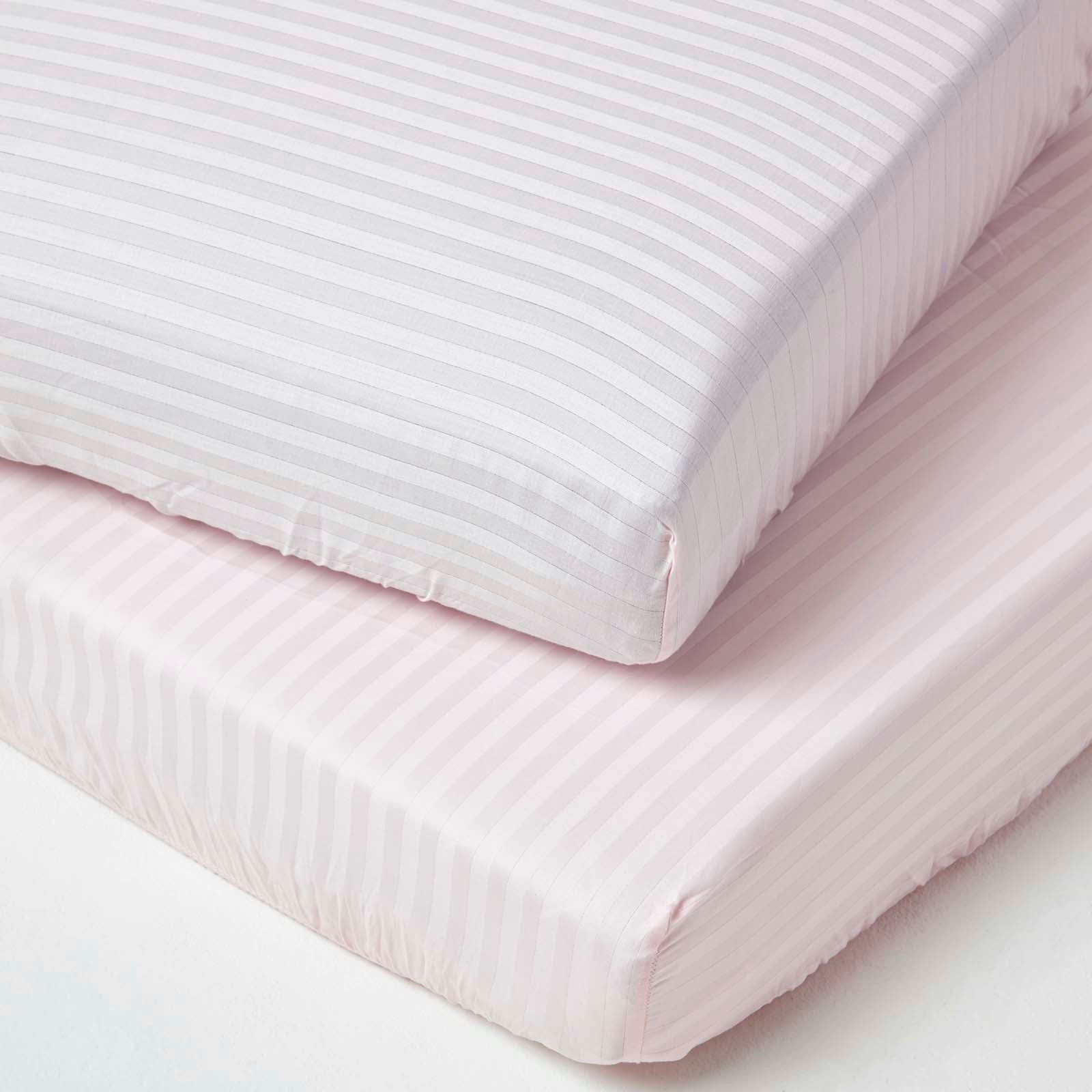 Cotton Stripe Fitted Cot Sheets 330 Tc, 70 X 140 Cm | Cot Bed | Pink