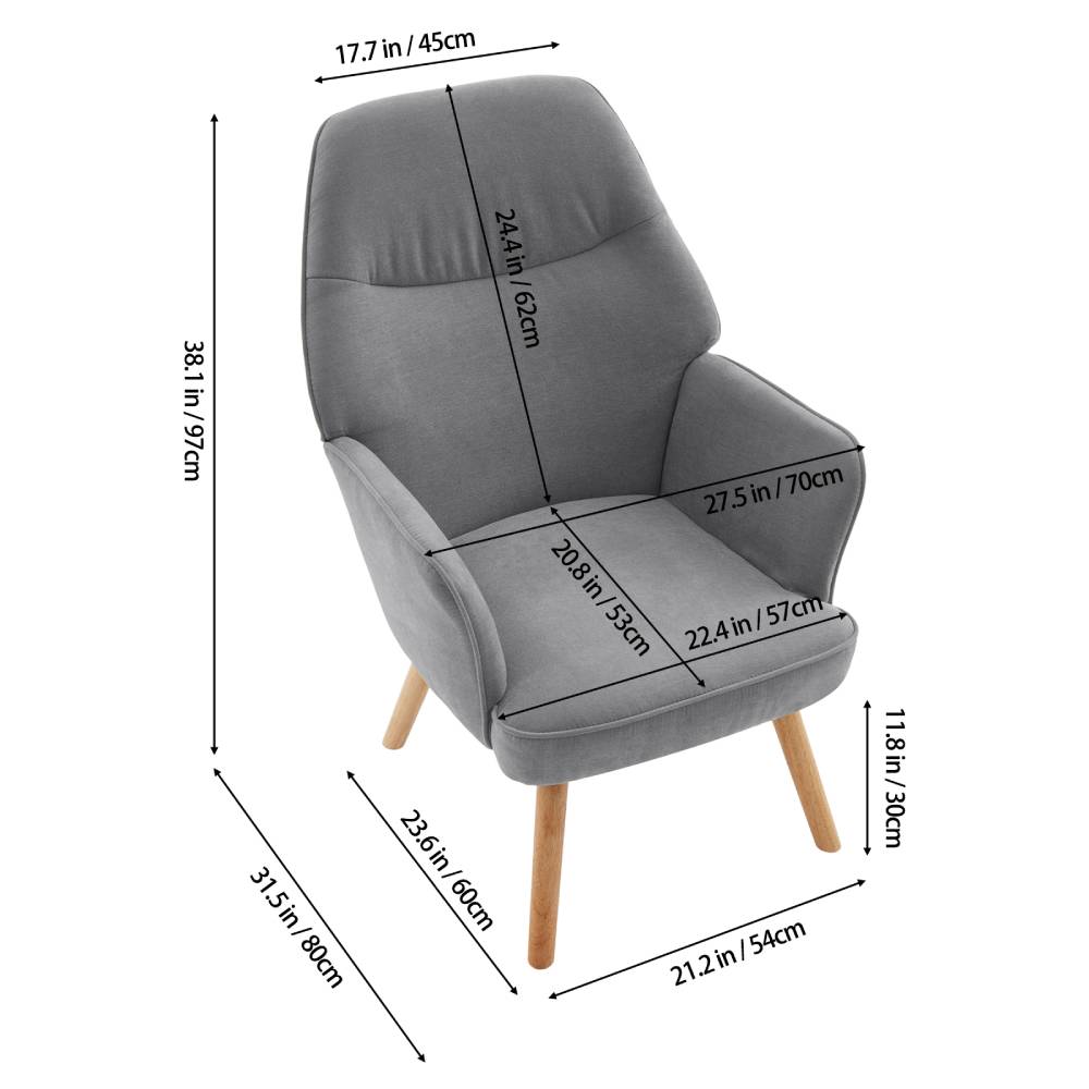 Upholstered Armchair With Solid Wood Legs, Soft Cushioned Seat | Grey