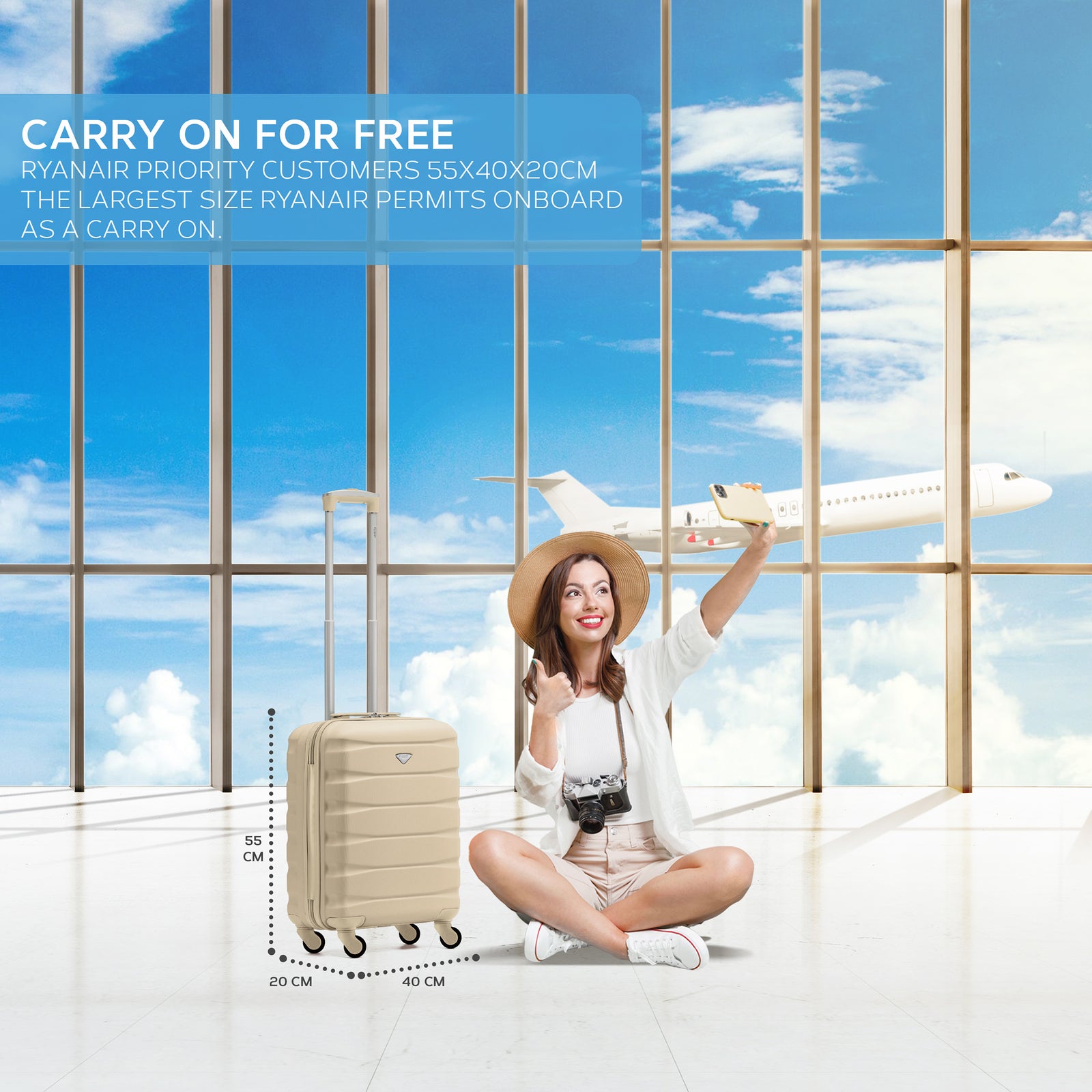 55x40x20cm Lightweight Luggage Hard Shell Cabin Suitcase 60+ Airlines Approved - Carry On Case - 4 Wheels | 55 x 40 x 20cm | Champagne