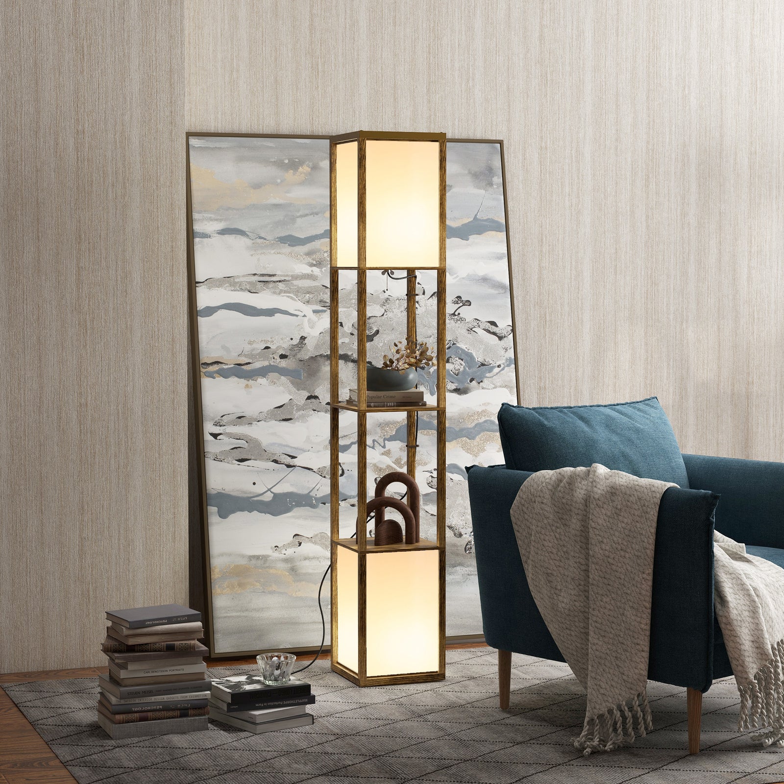 Shelf Floor Lamp With Dual Light For Living Room, Bedroom | One Size | Brown