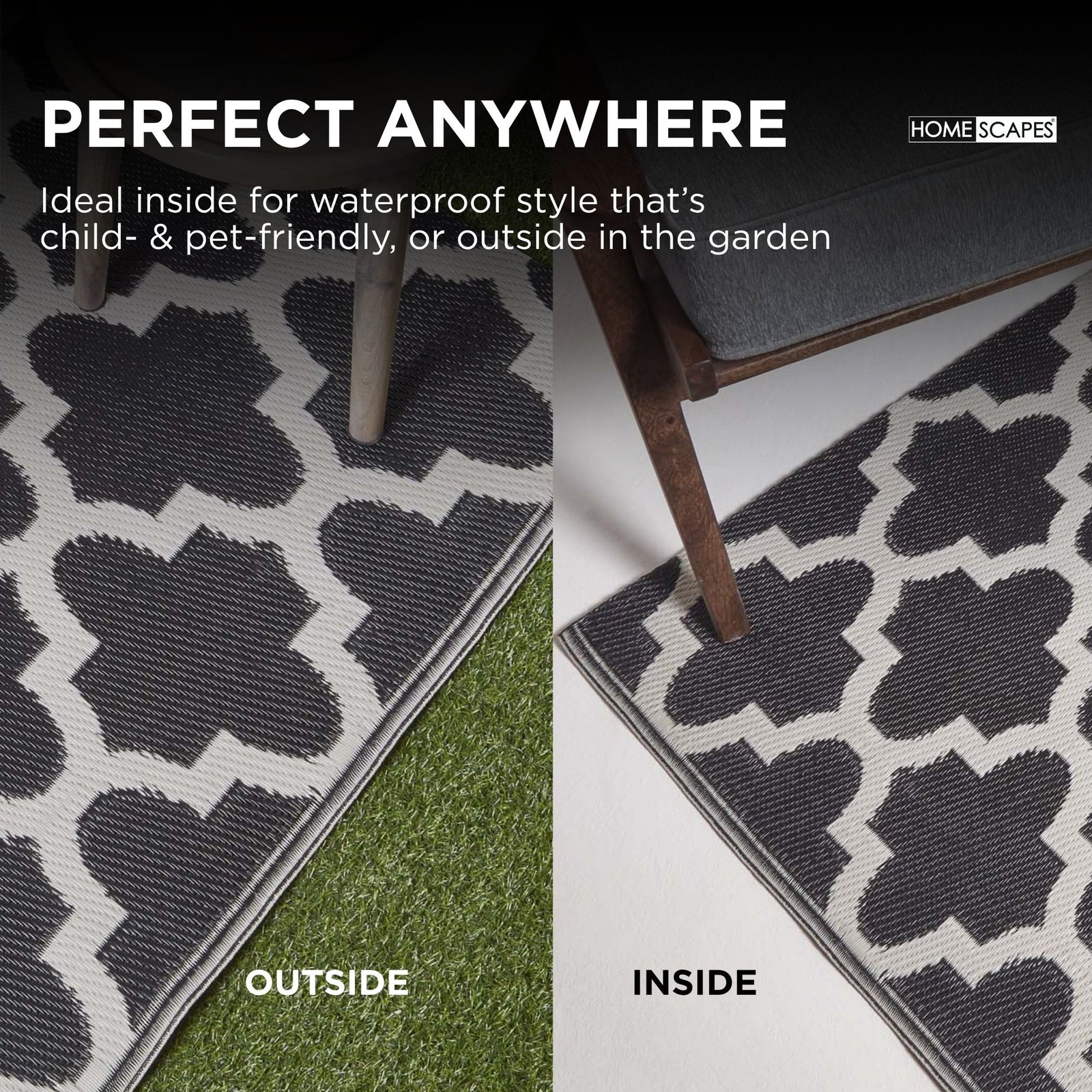 Luxury Outdoor Rug Waterproof Reversible For Garden Patio 100% Recycled, Black Nola Geometric | 120cm x 180cm | Black