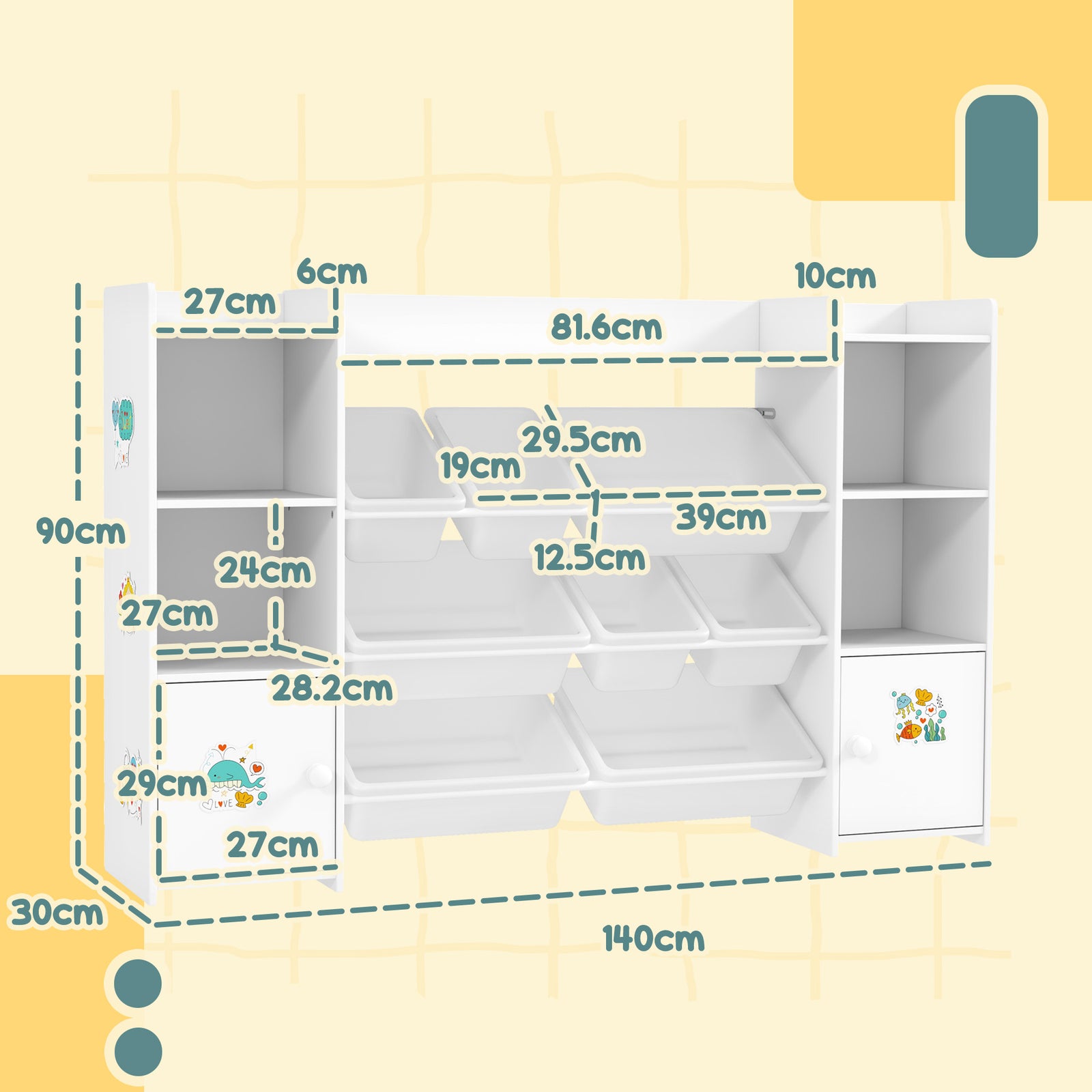 Kids Toy Storage Organiser With 8 Removable Storage Bins, White