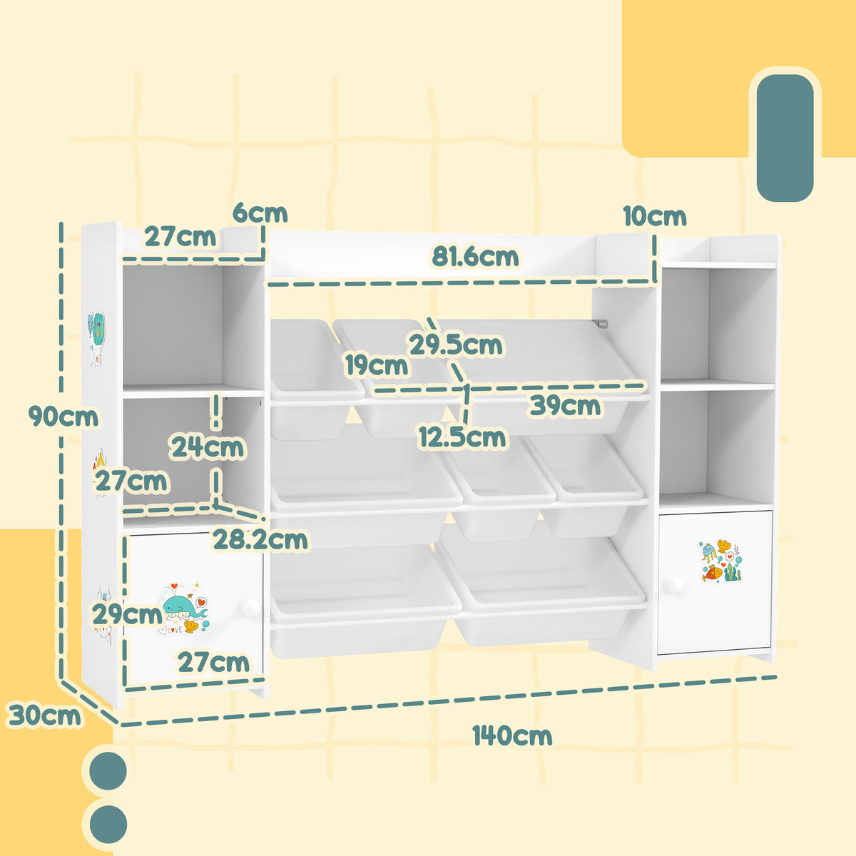 Kids Toy Storage Organiser With 8 Removable Storage Bins | White
