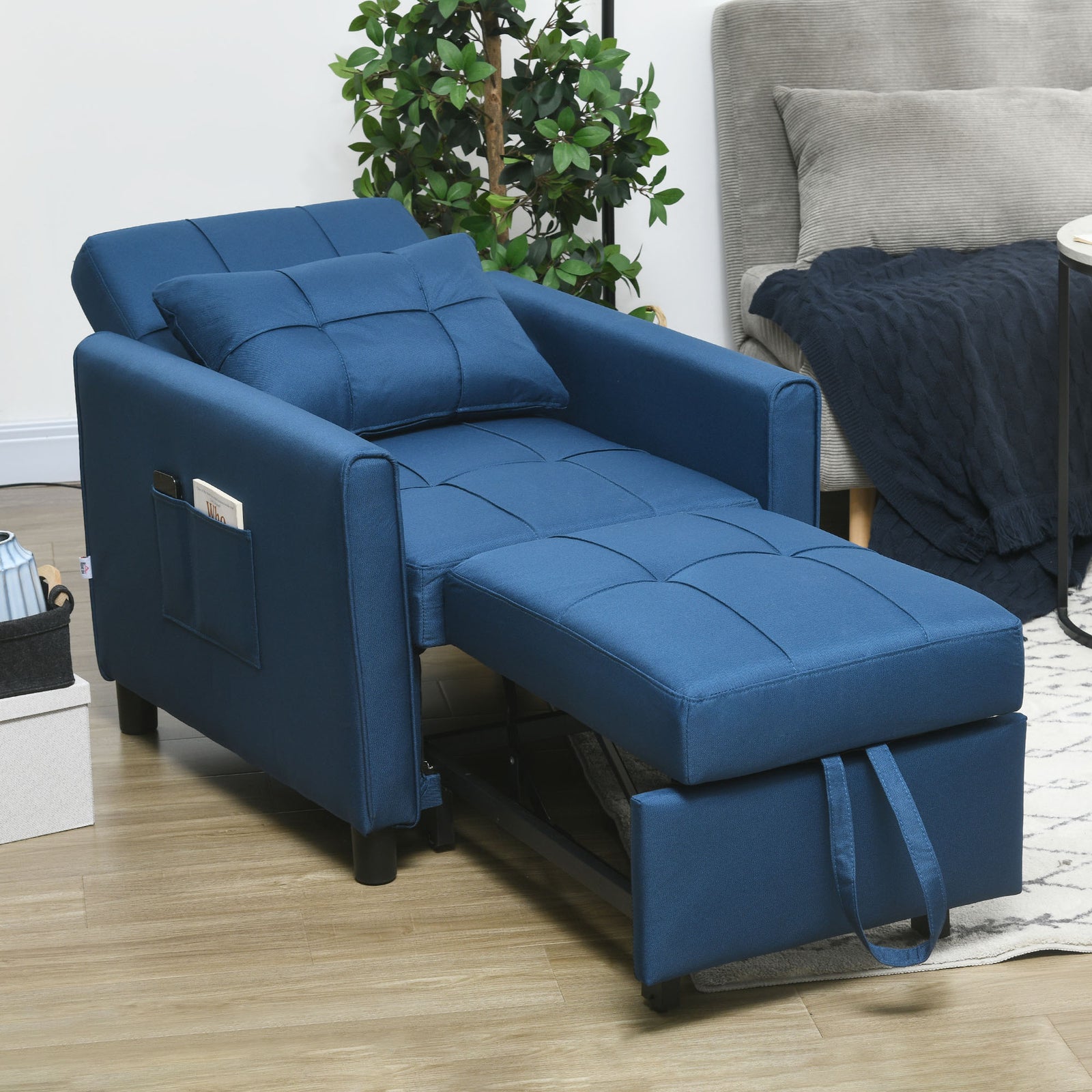 Pull Out Chair Bed Sleeper Chair With Pillow Side Pockets | One Size | Blue